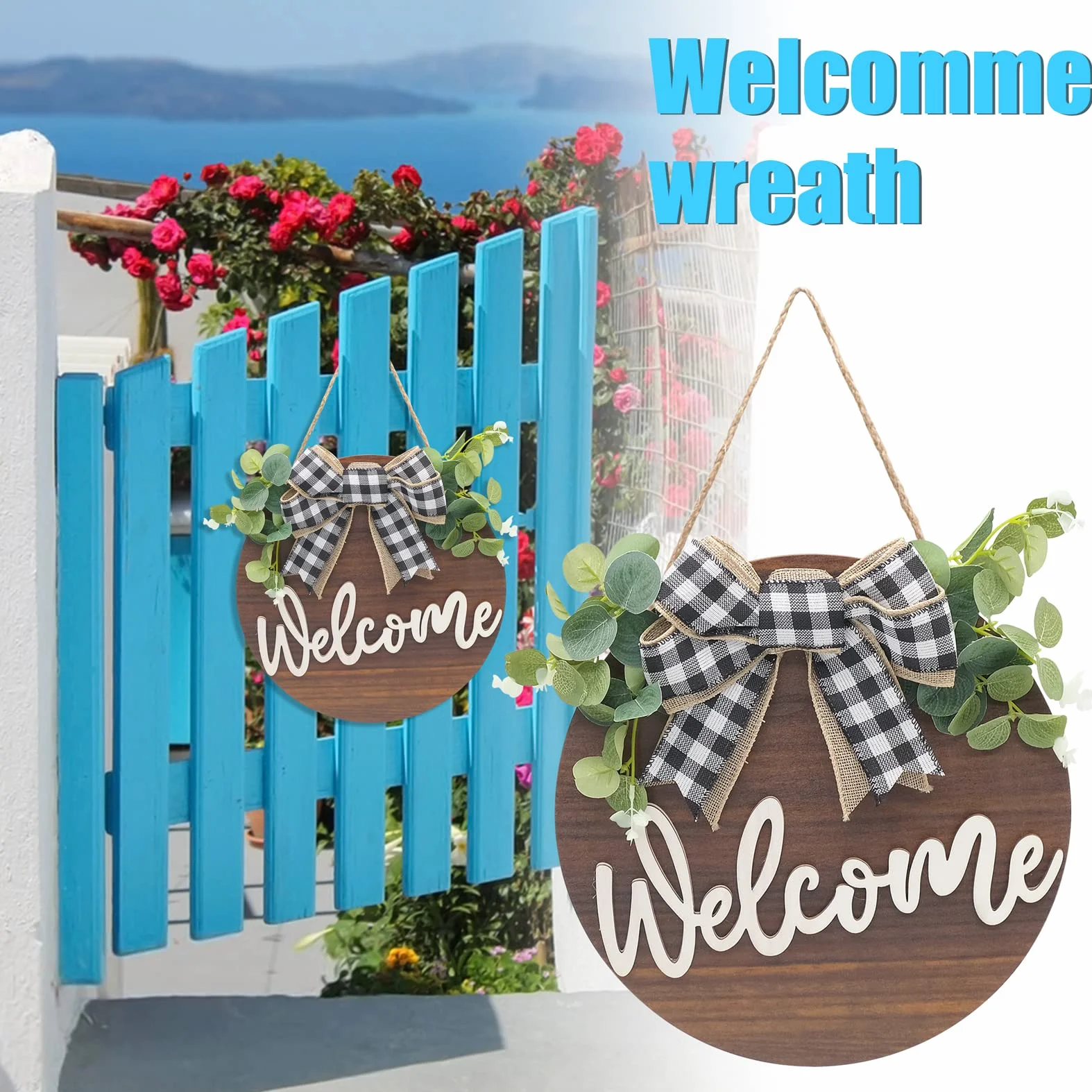 Letrero de Bienvenida Puerta Frontal Señal Madera Redonda Colgante Coronas de Bienvenida con Lazo y Flores para Casa de Campo Porche Decoración de La Puerta Delantera, 30 x 30 cm