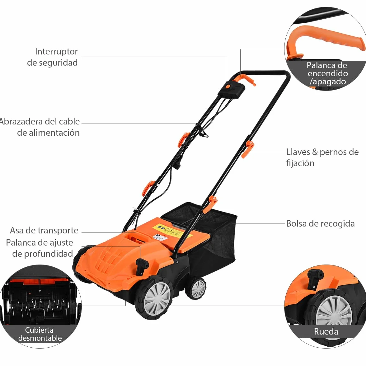 COSTWAY Escarificador Eléctrico 2 en 1, Aireador de Césped con Cable de 12 Amperios, Capacidad de Bolsa 30L, Desmalezador Ajustable de 3 Posiciones y 2 Cuchillas Extraíbles (40L, Naranja)