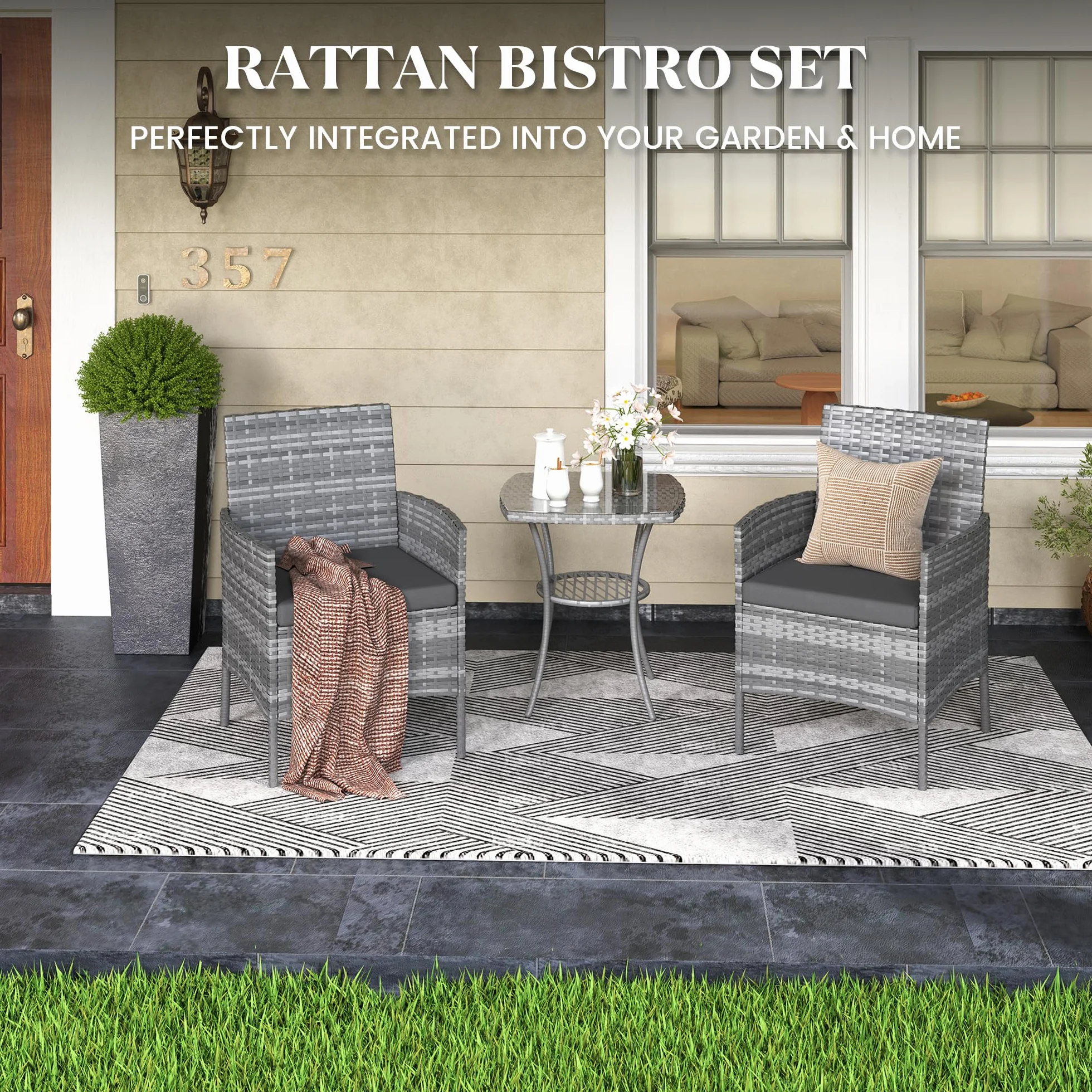 Amopatio Conjunto Muebles Jardín Ratán 3 Piezas, 2 Sillones con Cojines y Mesa de Centro, Sofá Exterior Terraza con Vidrio Templado, para Terraza, Patio y Balcón Colores: Gris