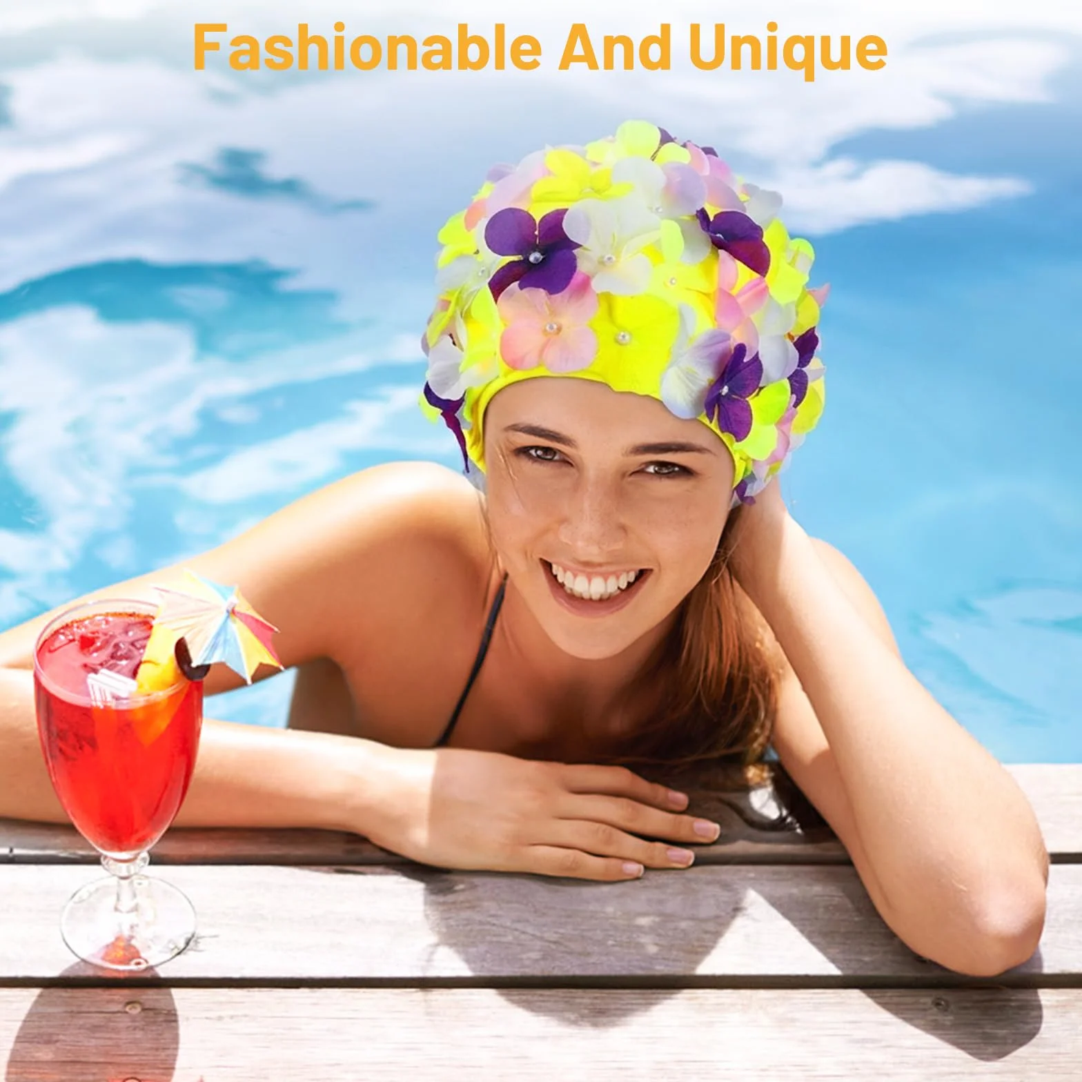 Gorro Natación Mujer con Flores 3D Nylon Ligero Elástico Retro Cómodo Cabello Largo Corto