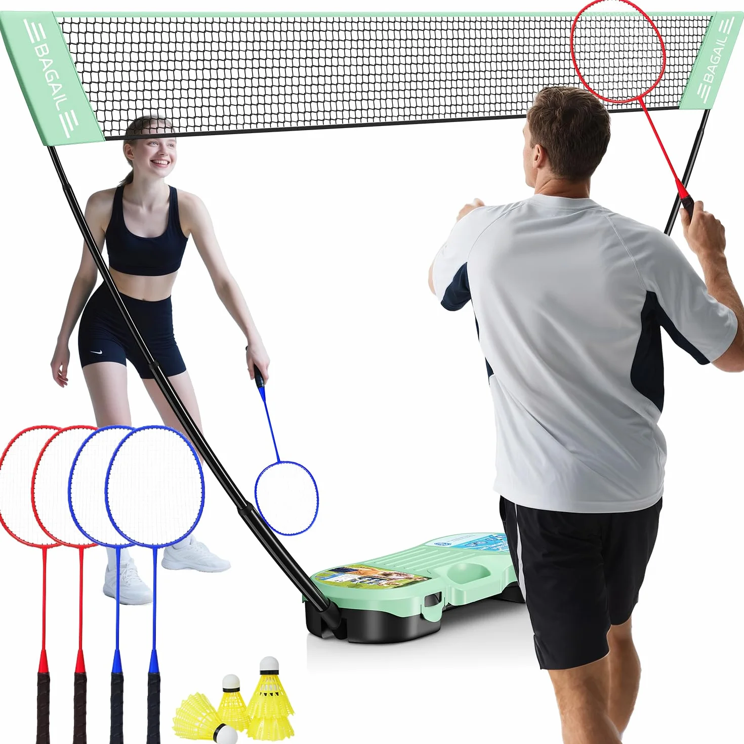 BAGAIL Conjunto de Red de Bádminton Portátil con 4 Raquetas y 4 Volantes
