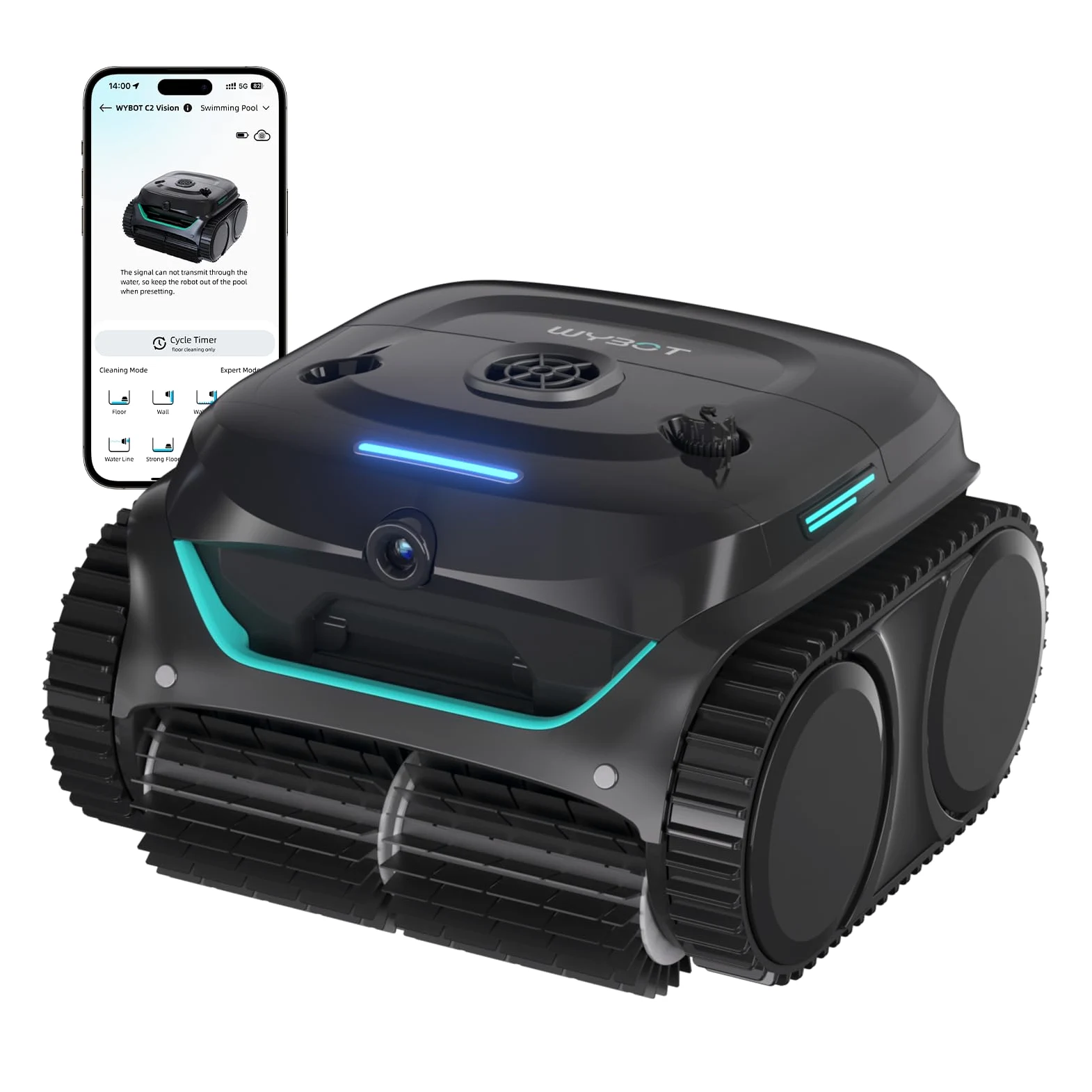WYBOT (Modelo) Robot Piscina C2 Vision-A inalámbrico con cámara IA, filtración Ultrafina, Alta succión, Limpieza de Fondo/Paredes y línea de Agua, navegación Inteligente – Negro y Verde Intenso