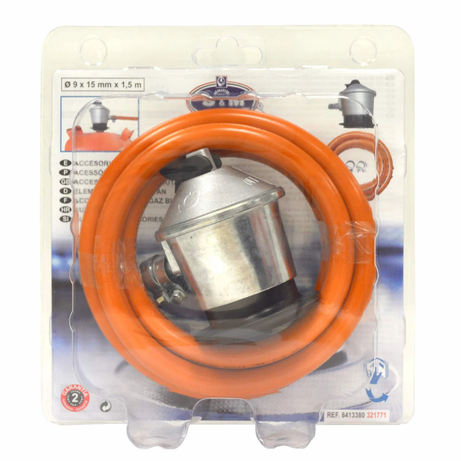 S&M 321771 - Kit completo butano: Regulador de gas butano + Tubo Goma 1,5 metros + 2 abrazaderas de seguridad | Homologado para España | Apto para cocinas, estufas, calderas y barbacoas