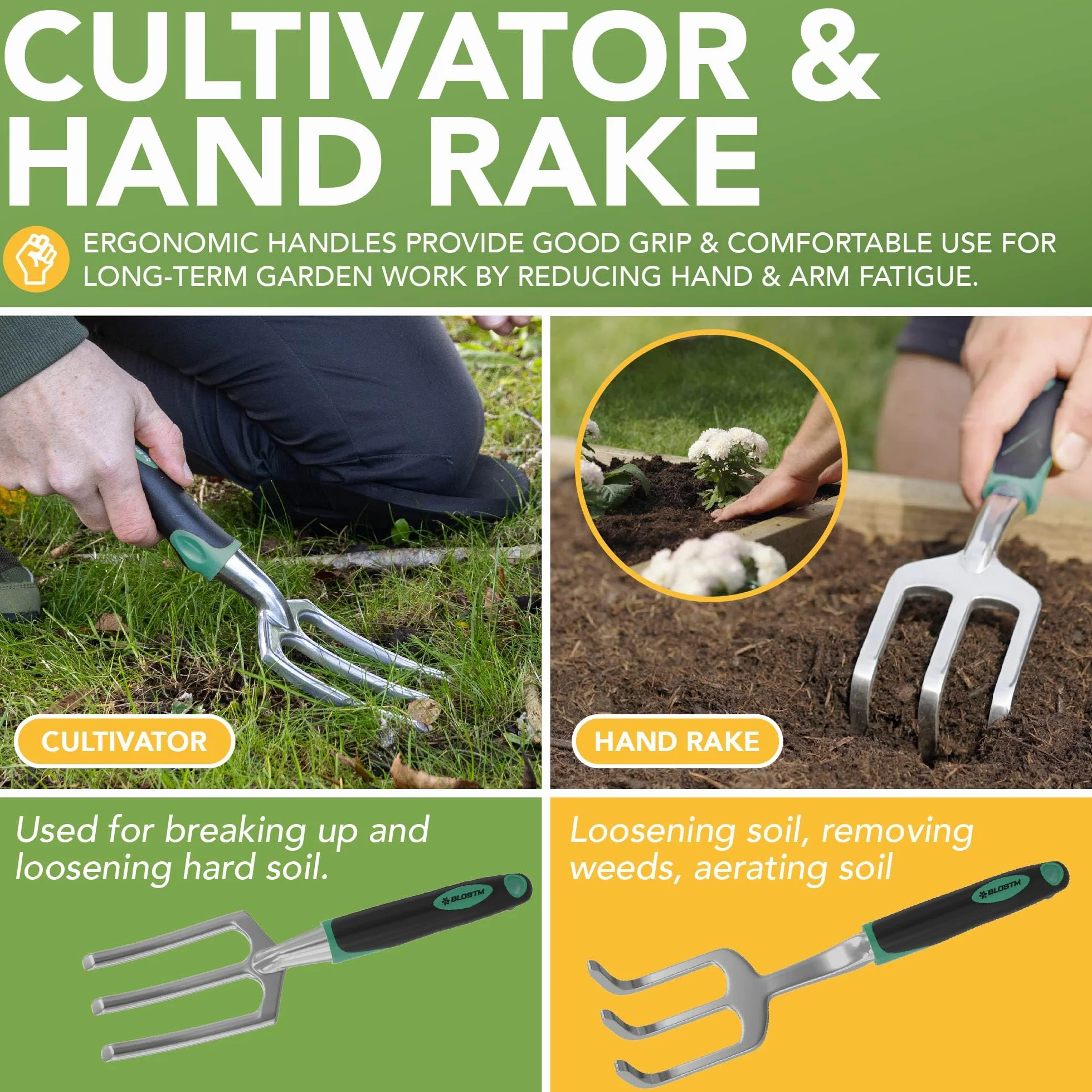 BLOSTM Juego de herramientas de jardinería de 11 piezas, kit de herramientas de jardín resistente con bolsa de mano impermeable, juego de paletas de jardín a prueba de óxido (verde/negro)