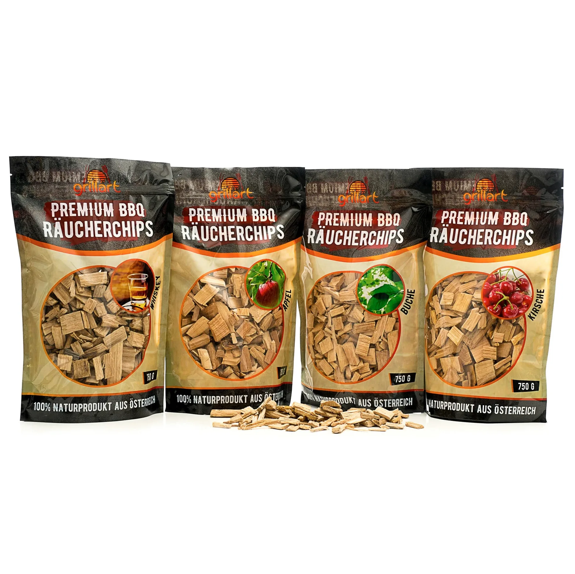 grillart Premium BBQ - Juego de 4 virutas para ahumar para barbacoa para un aroma especial de humo, madera ahumada muy activa/virutas de madera, pack de 4 bolsas de 750 g