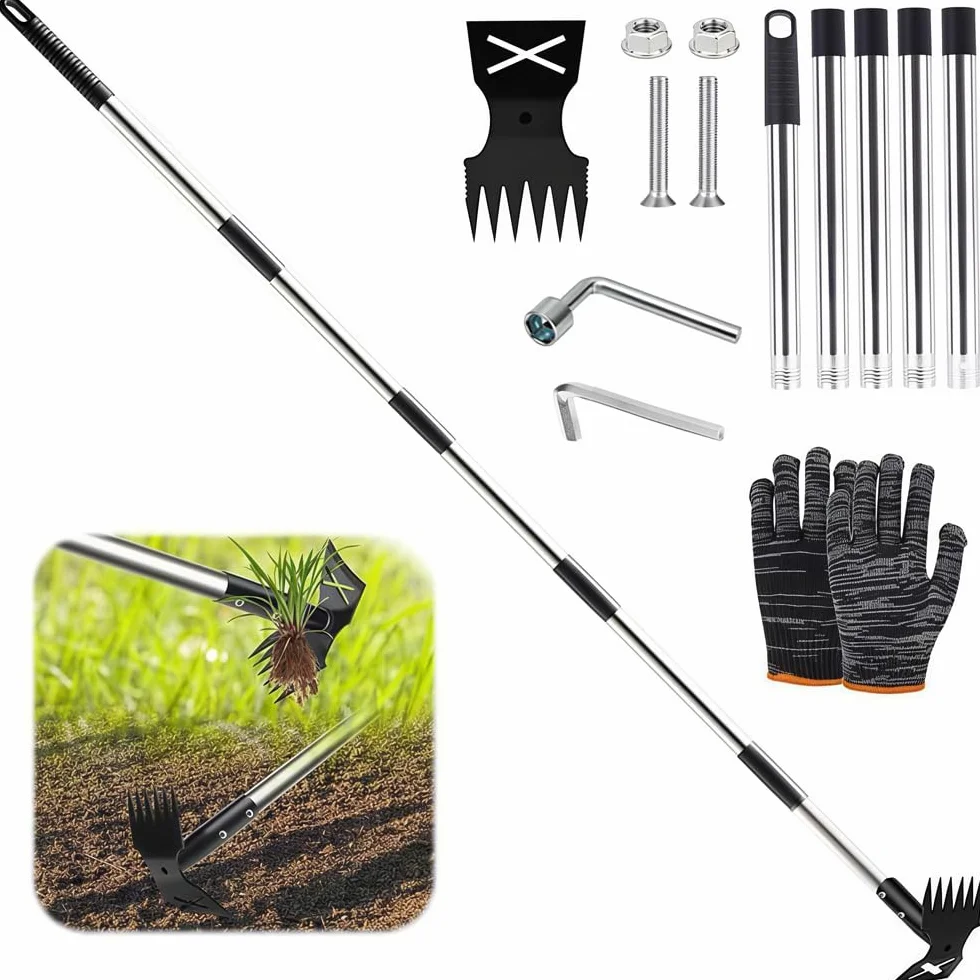 Extractora de Malas Hierbas con Mango Largo de 180 cm,Rastrillo de Azadas de Jardín 2 en 1 para Desmalezar,Quitar Malas Hierbas Jardin Mango Largo,Herramientas de Jardín para patio,césped,patio,jardín