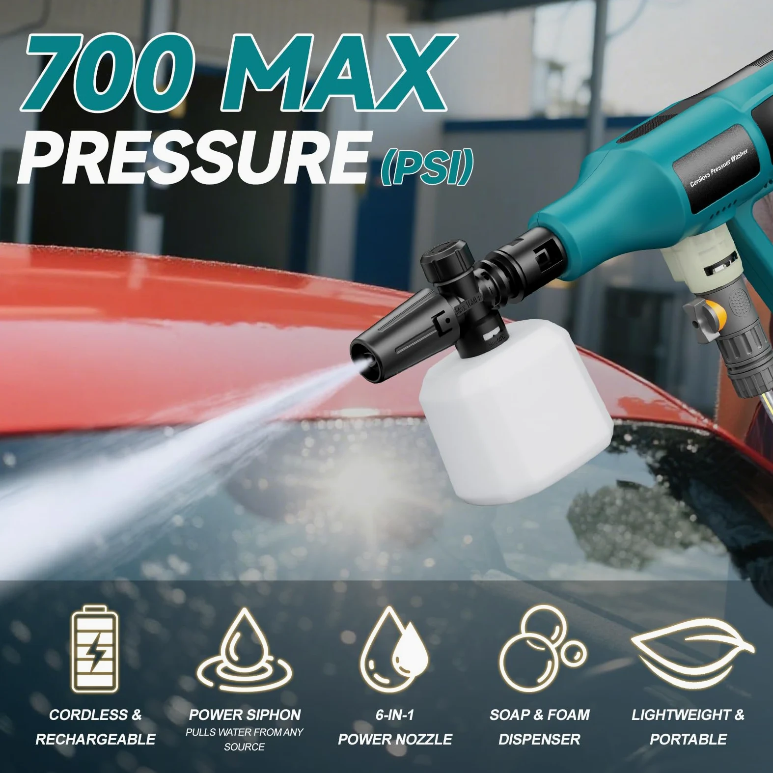 Limpiador de alta presión con batería de 700 psi, compatible con baterías Makita de 18 V, limpiador de alta presión portátil con 2 baterías de 4,0 Ah, boquilla 6 en 1, pulverizador de espuma, manguera