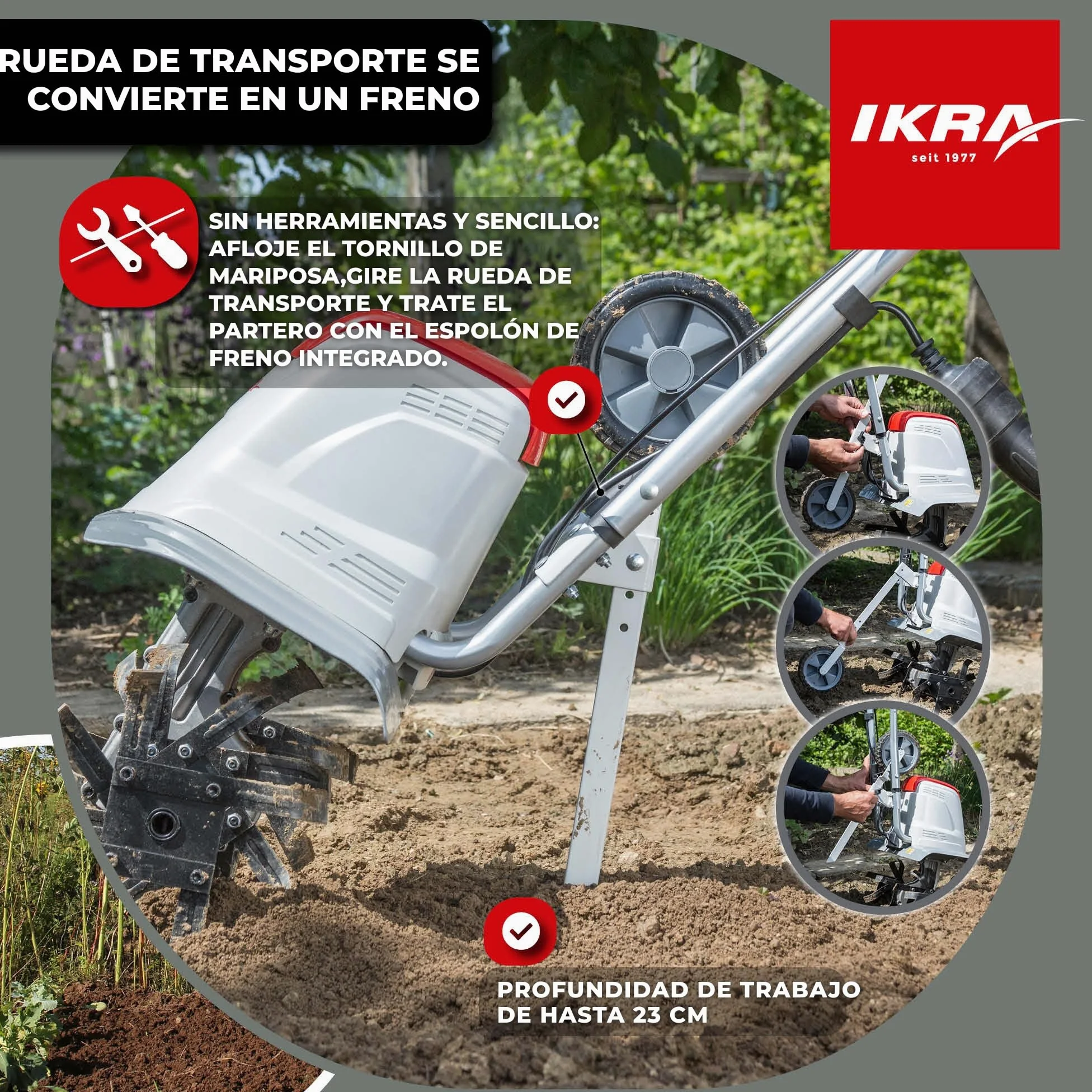 IKRA motoazada eléctrica motocultor cultivador Fem 1500, Ancho útil 17-45cm, 1500W, Incl. arado aporcador