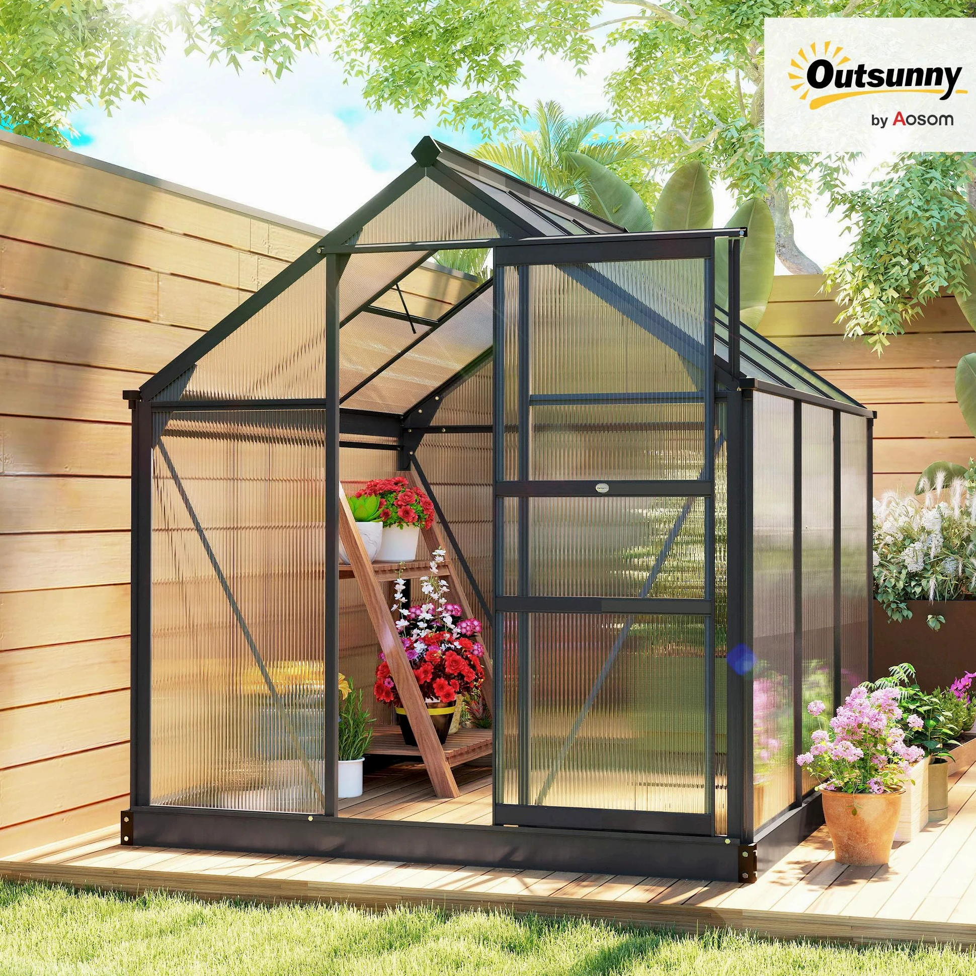 Outsunny Invernadero policarbonato 6x6 ft Puerta corredera Gris | Invernadero, Invernadero para plantas de jardín, Ventana, Marco de aluminio, Cimientos, Grande, Para exterior
