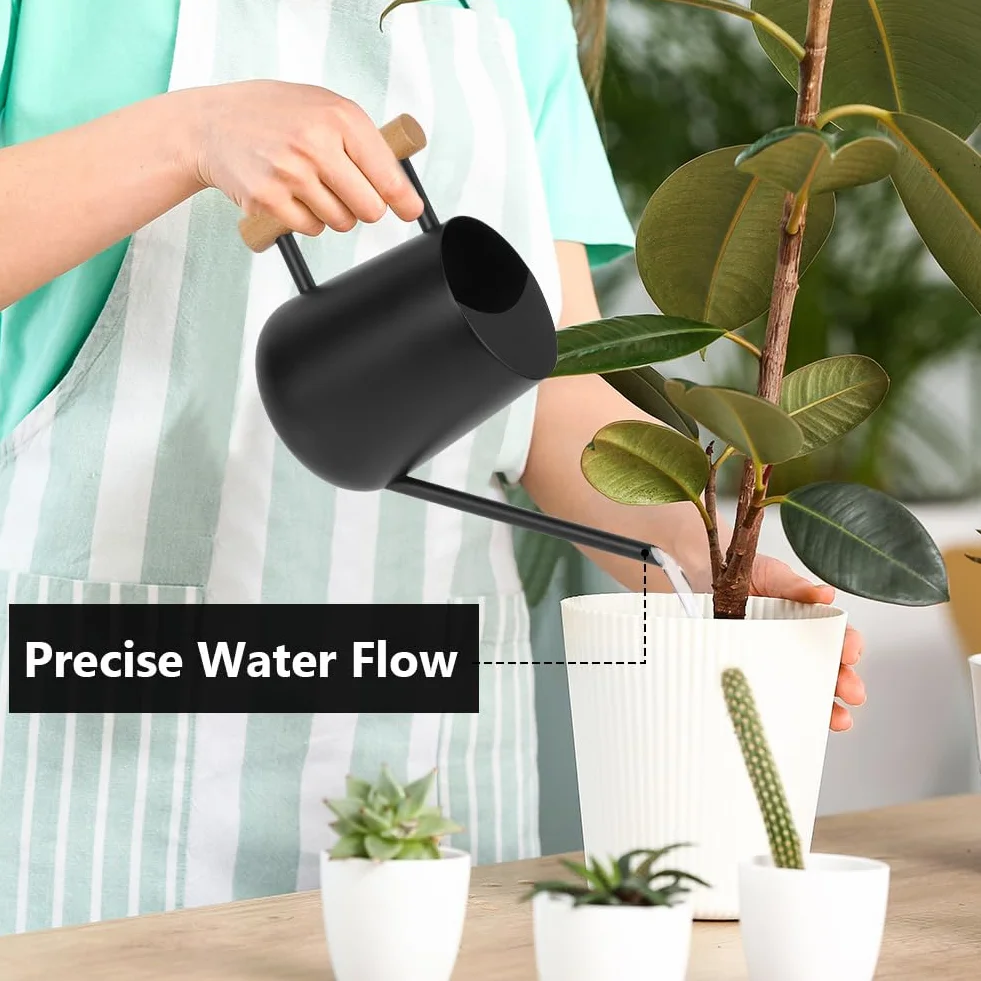 OFFCUP 35oz 1L Regadera Pequeña, Regadera de Acero Inoxidable para Jardín, Regadera con Caño Largo y Cómodo Mango de Madera, Regadera para Plantas, para Vivienda Exteriores Interior (Negro)