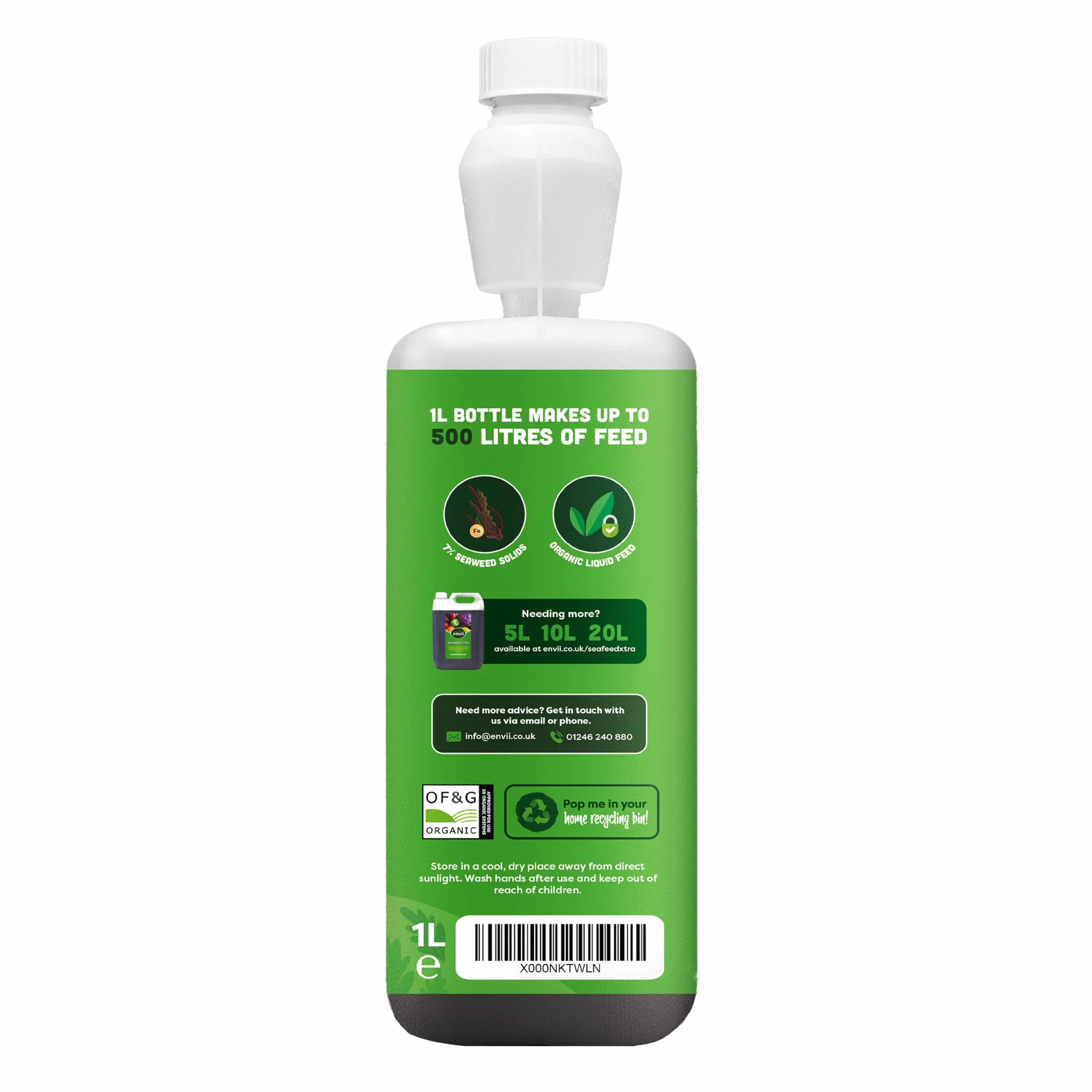 Envii Fertilizante Orgánico de Algas, Abono Líquido para Plantas de Exterior e Interior, Ideal para Jardines, Césped y Macetas, Rico en Nutrientes Adicionales – 1 Litro rinde hasta 500 L