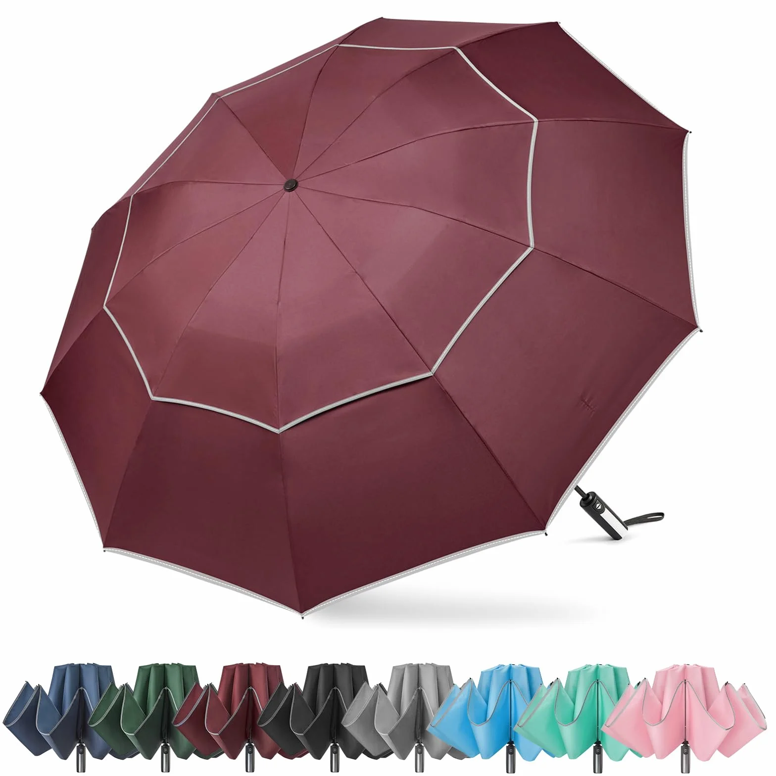 G4Free Paraguas plegable de golf 62 pulgadas rayas reflectantes 10 varillas invertido resistente al viento doble dosel cierre automático
