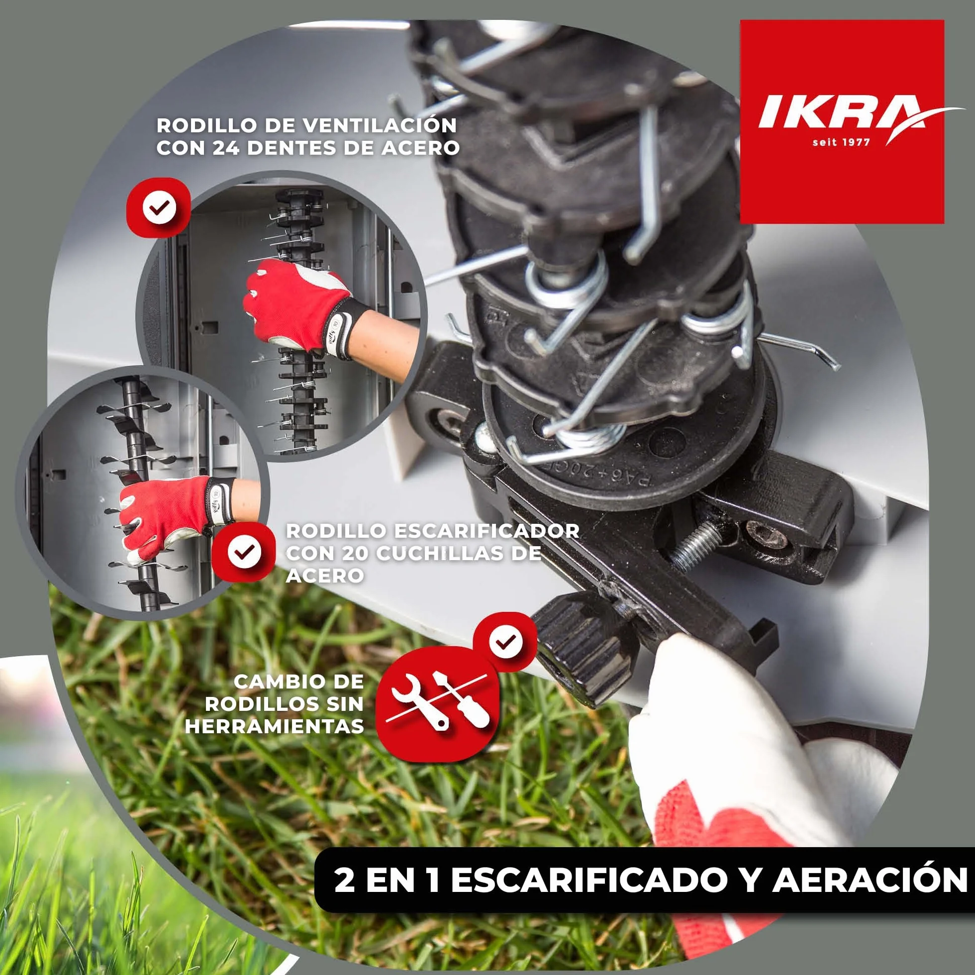 IKRA 80201020 escarificador y aireador eléctrico IEVL 1840, Saco coletor 55l, Largo de Trabajo 40cm, 1800 W, 230 V, color gris, rojo y negro