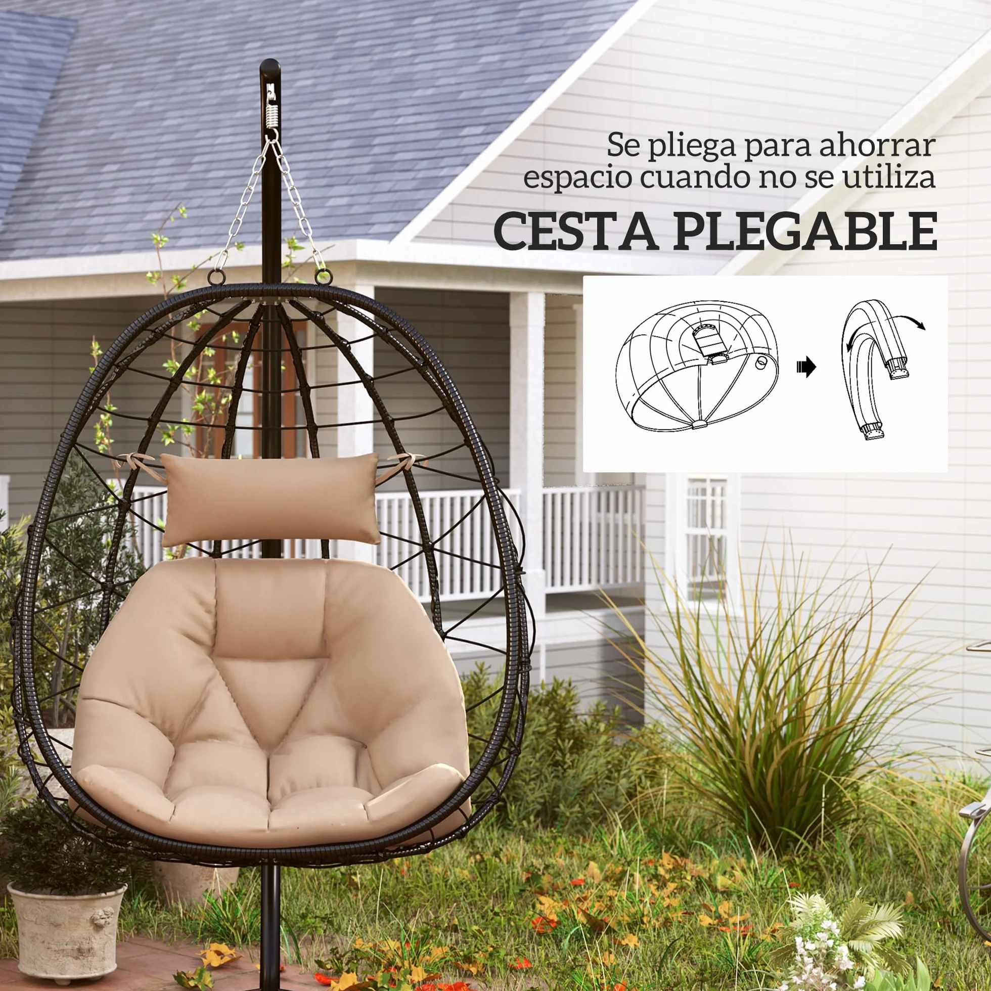 Outsunny Silla Colgante Huevo con Soporte Columpio Jardín Exterior con Cesta Plegable Cojín y Reposacabezas Columpio Colgante para Interior y Exterior Carga 120 kg Caqui