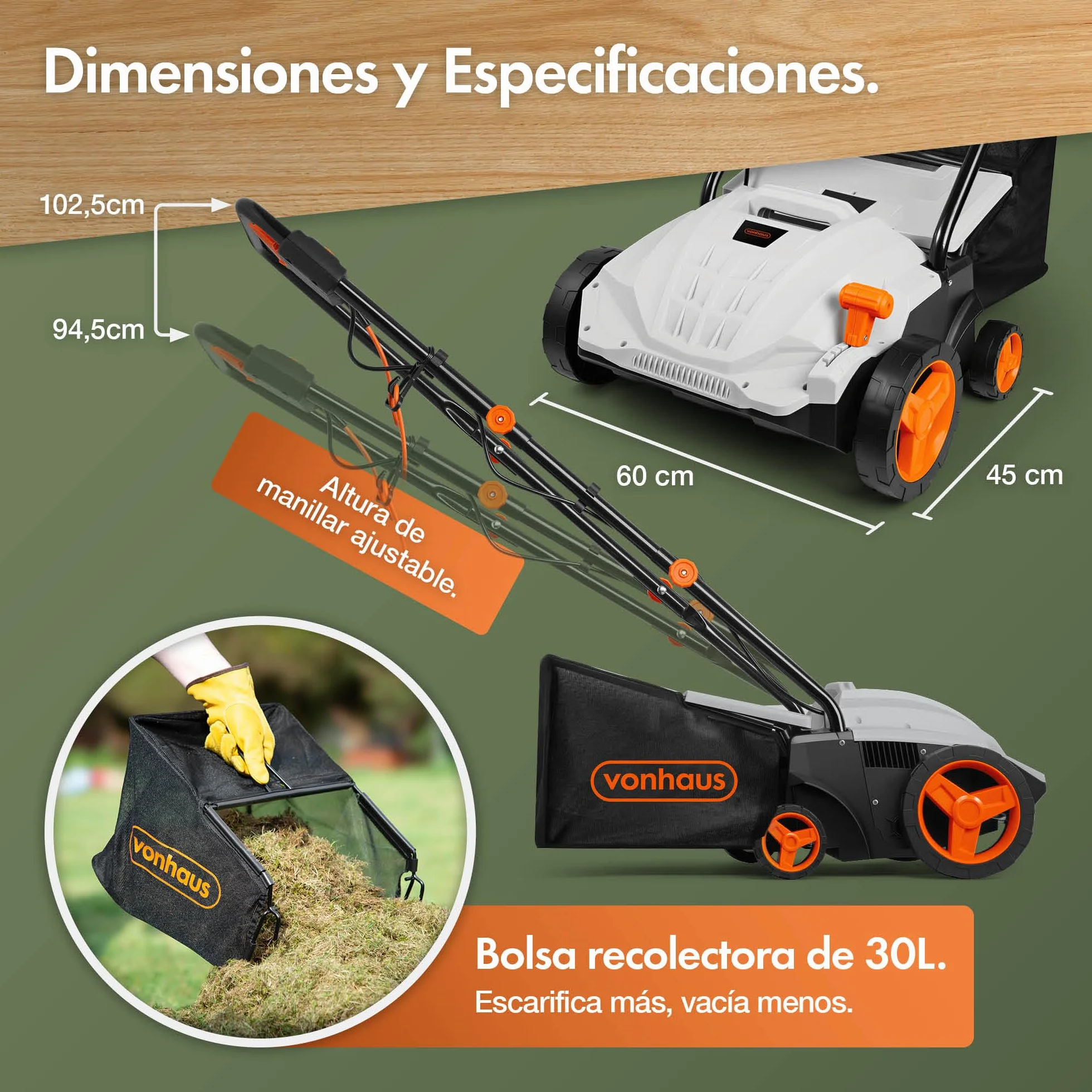 VonHaus Escarificador/Aireador/Rastrillo Eléctrico 1500W – Para Escarificar Y Rastrillar El Césped, Elimina Fieltro, Musgo Y Hojas Secas, Aireación Del Suelo, Caja 30L, 4 Alturas, Ancho 32cm