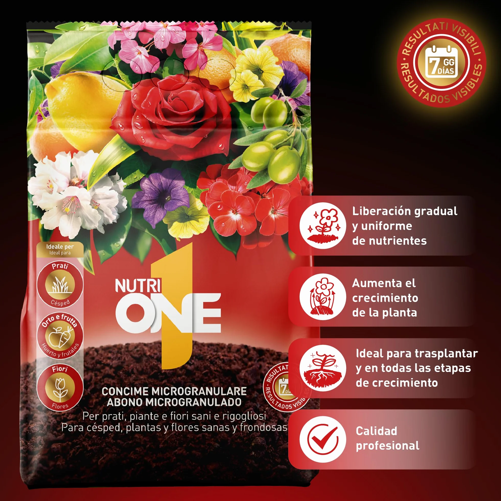 nutriONE Abono granulado para todo tipo de Plantas y Flores. Fertilizante Concentrado microgranulado Premium. Ingredientes naturales y resultados visibles en 7 días.