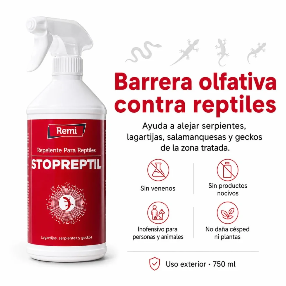 Remi Hogar | Repelente para Reptiles, en Aerosol | para Serpientes Lagartijas Salamanquesas Geckos | Spray Repelente Deshabituante | Sin venenos | Sin productos nocivos | 750 ml