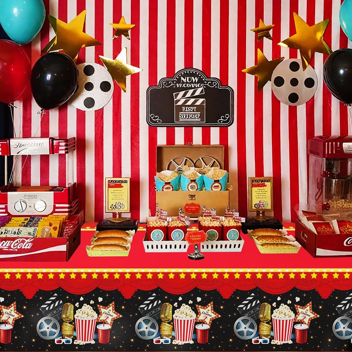 4 piezas de manteles de noche de película temática de cine decoraciones de fiesta alfombra roja manteles palomitas de maíz mantel entrega de premios se muestra ahora tema cumpleaños accesorios 130 x