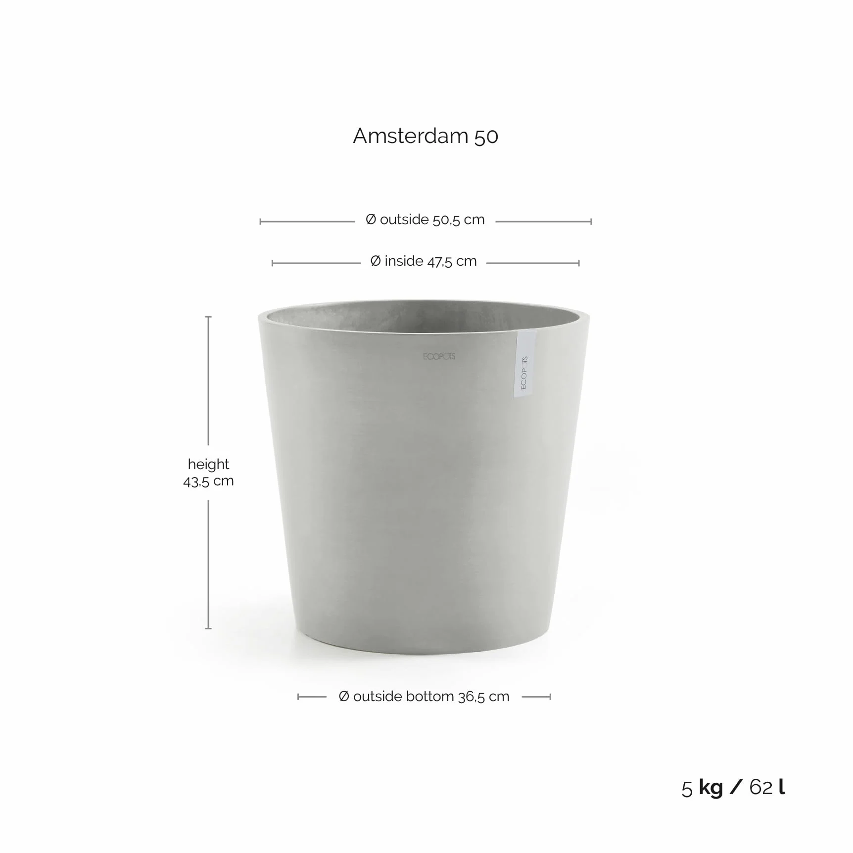 Ashortwalk ECOPOTS Ámsterdam - Maceta de plástico reciclado (50 x 44 cm), blanco