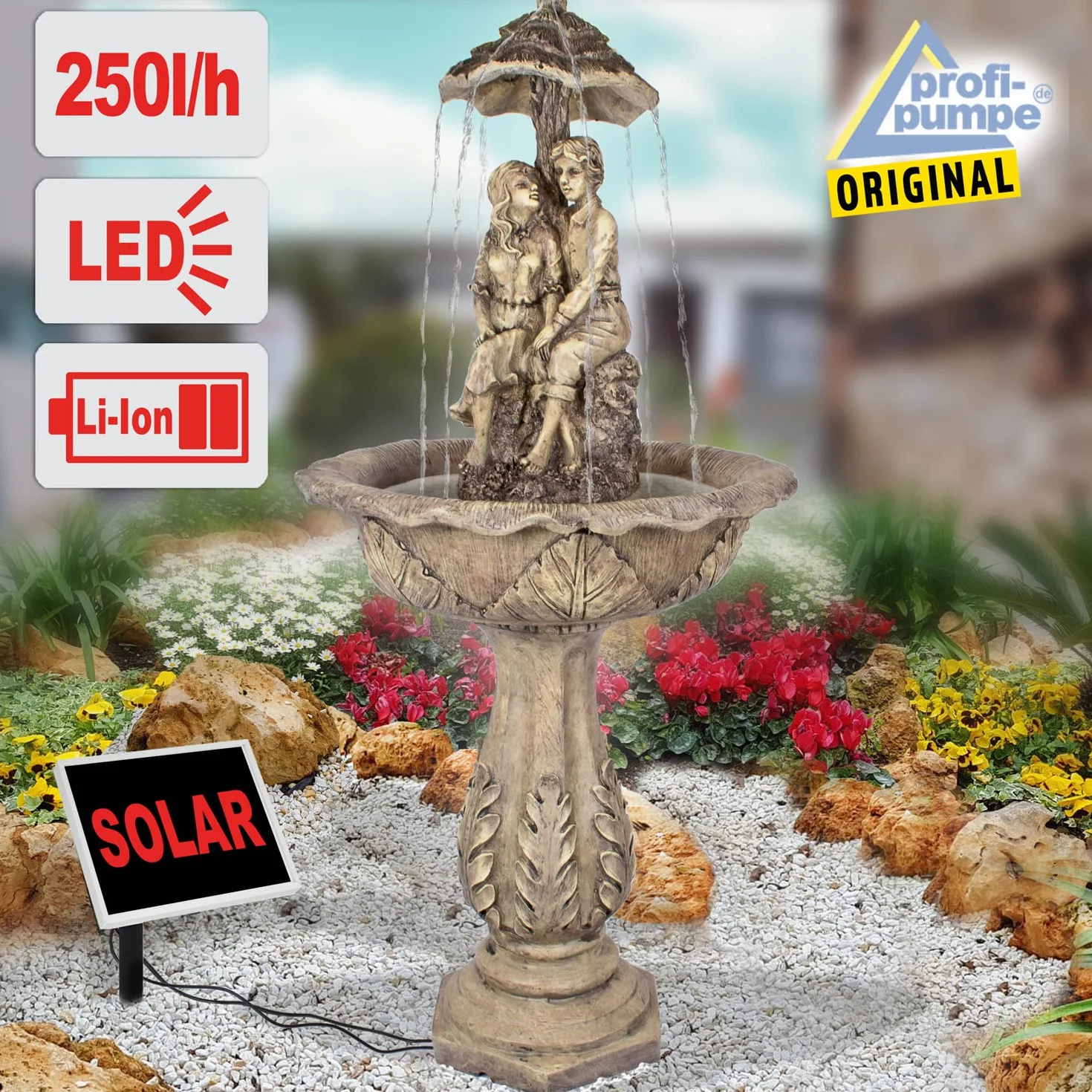 Fuente Solar para jardín, Fuente Solar, Cascada, lámpara de jardín, Bomba para Estanque, para terraza, balcón, con Bombas, con batería de Litio y luz LED