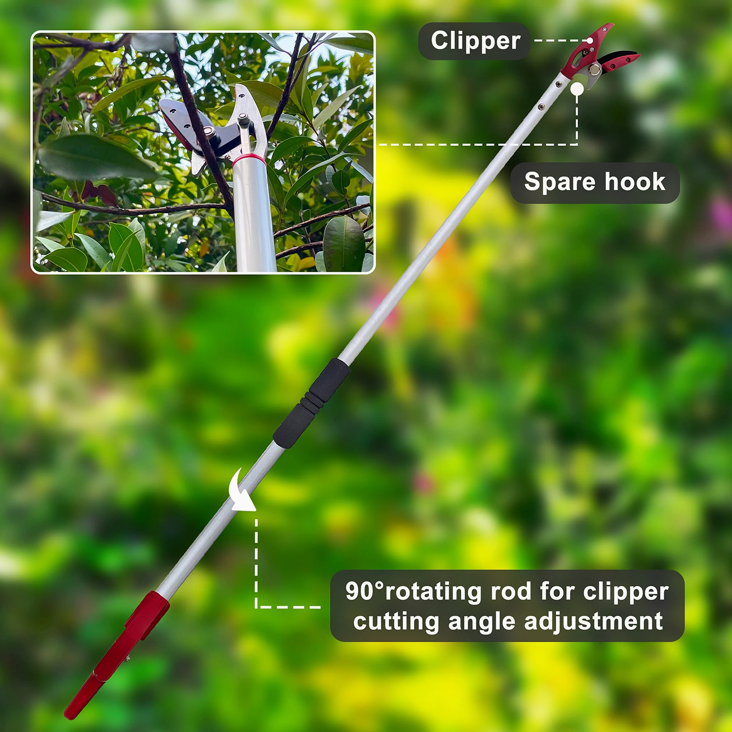 Tree Trimmer, 4 Foot Pole Pruner, Long Reach Pruning Shears, Cut and Hold Garden Clippers, Aluminum Lightweight Handle Fruit Picker, Branch Bypass Loppers