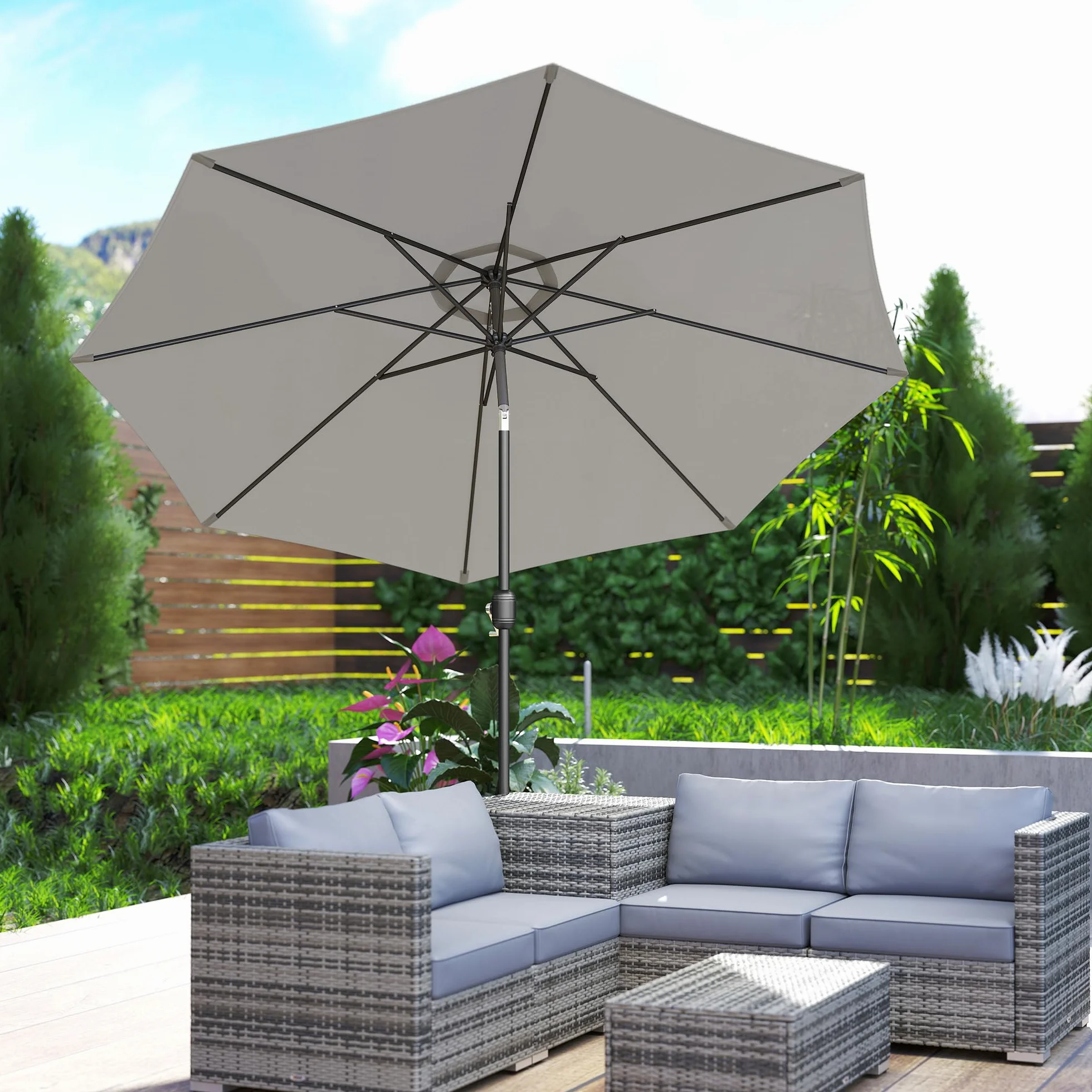 Outsunny Sombrilla de Jardín Ø300x250 cm con Manivela Parasol Exterior con Mecanismo de Inclinación y Poste Desmontable de Metal para Terraza Piscina Patio
