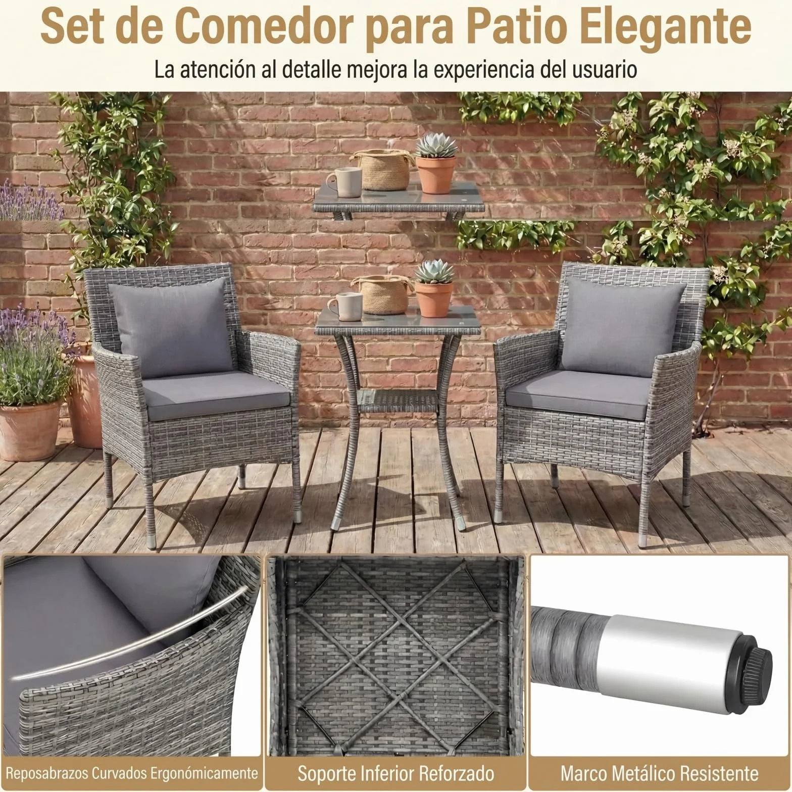 GIANTEX Juego de Muebles de Jardín 3 Piezas, 2 Sillones con Cojines y 1 Mesa con Tablero de Cristal, Conjunto de Muebles de Ratán para 2 Personas, Juego de Bistró para Balcón, Patio (Gris)