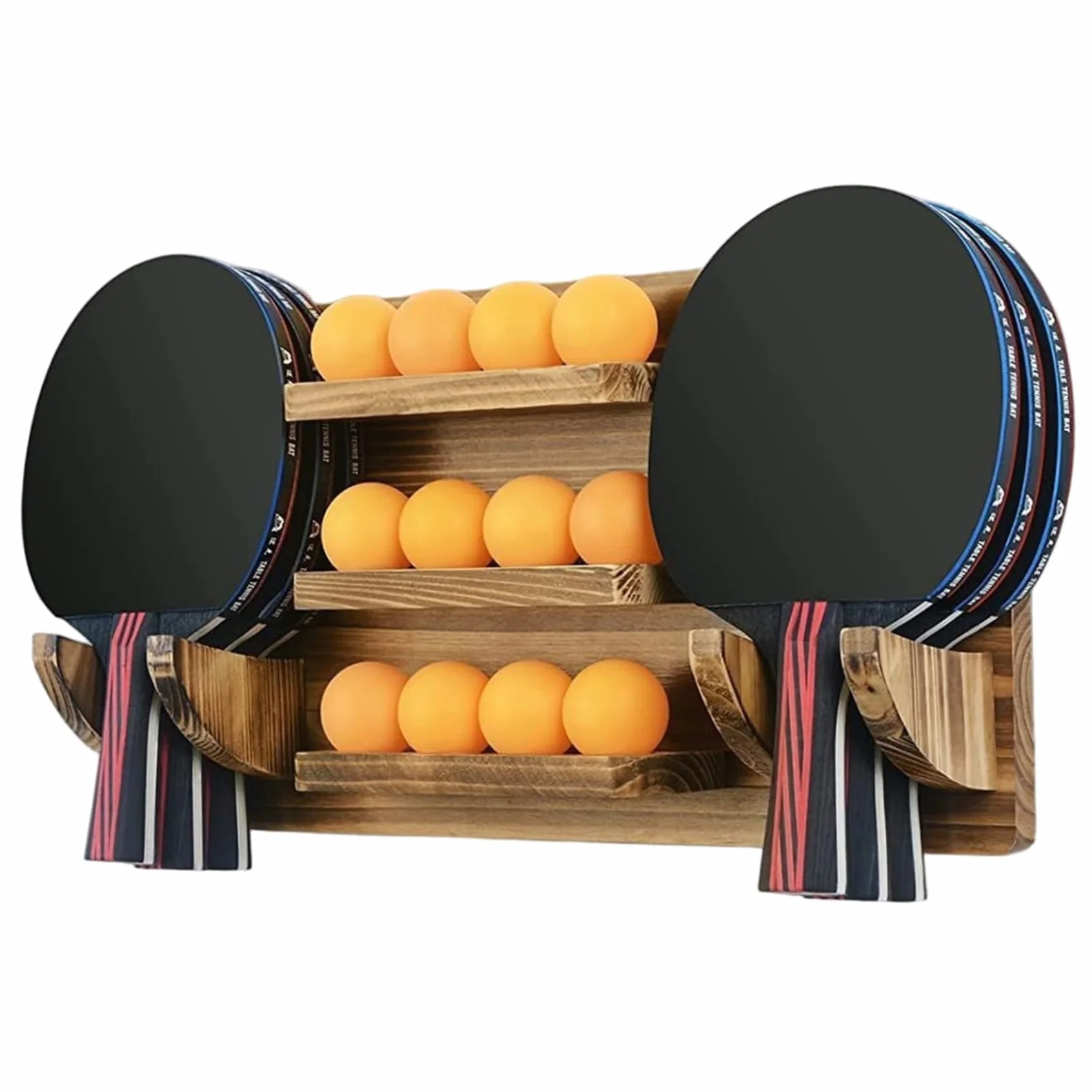 Soporte para paletas de ping-pong, estante de tenis de mesa montado en la pared, capacidad para 6 paletas y 12 pelotas, madera