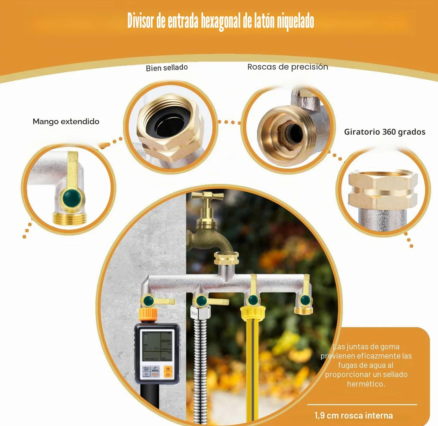 Divisor de manguera de jardín, divisor de grifo de 4 vías, adaptador de manguera divisor de grifo de latón resistente de 3/4 pulgadas, conector de grifo de mango de metal extendido con válvulas