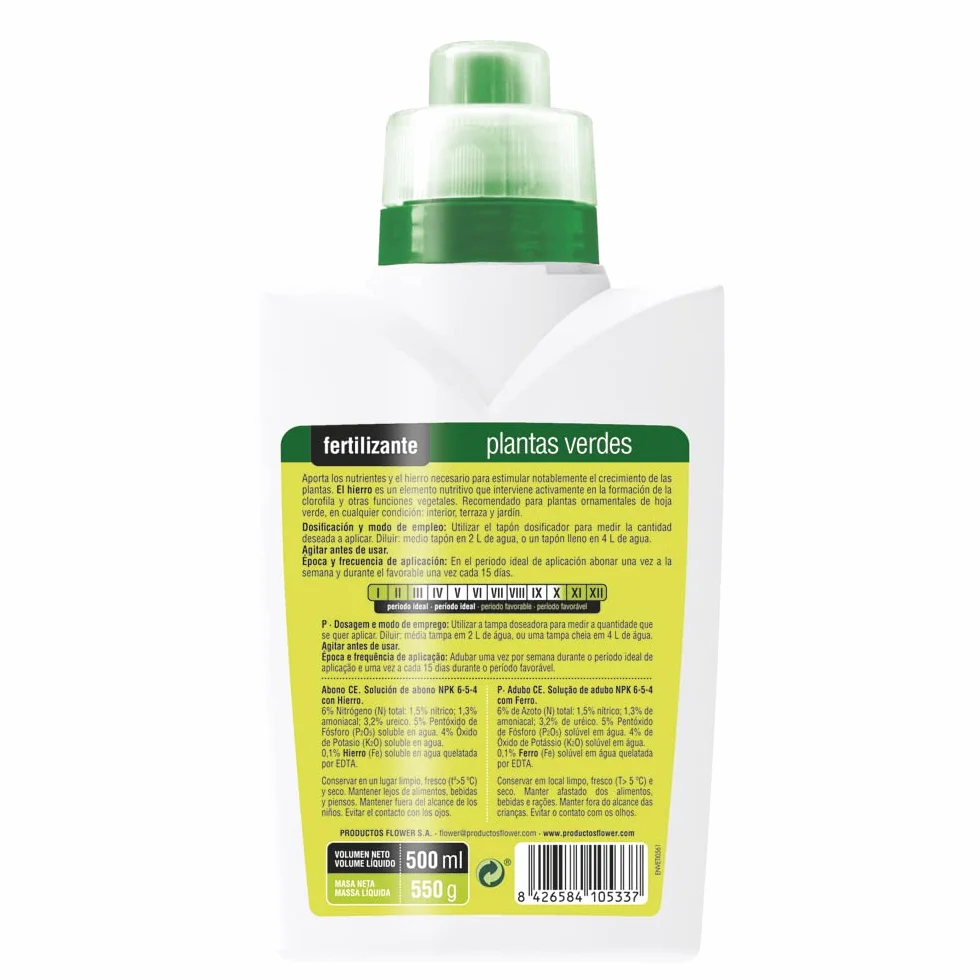 Flower - Abono Líquido 10533 para Plantas Verdes | 500 ml para Mayor Verdor | Hierro Quelatado para Hojas Sanas y Fuertes | Ideal para Kikuyu y Orquídeas, No aplica color, 10x6.2x19 cm, Abono Líquido