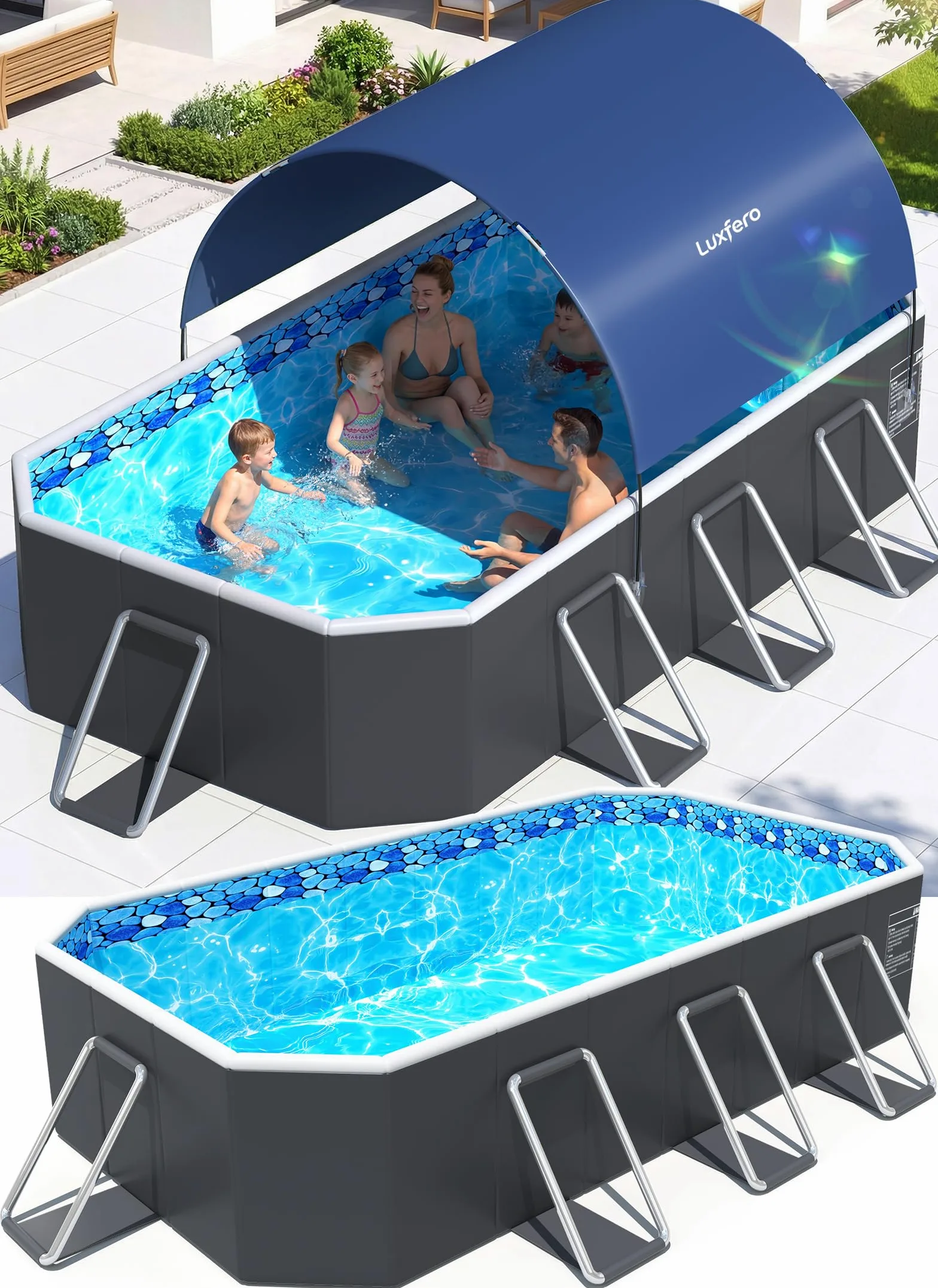 Luxfero Piscina Desmontable Rectangular con Toldo Solar, Piscina Desmontable Tubular Plegable, Piscina Rectangular de Exterior Épaissi, Fácil de Guardar Piscina para Adultos y Niños, 228 x 127 x 50 cm