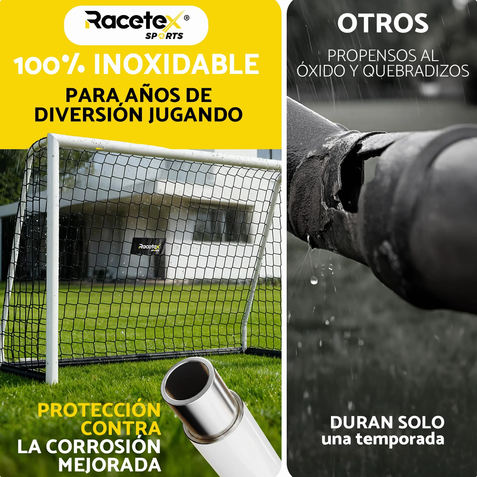 Portería de fútbol Racetex para jardín con marco de acero estable y anclaje de acero inoxidable