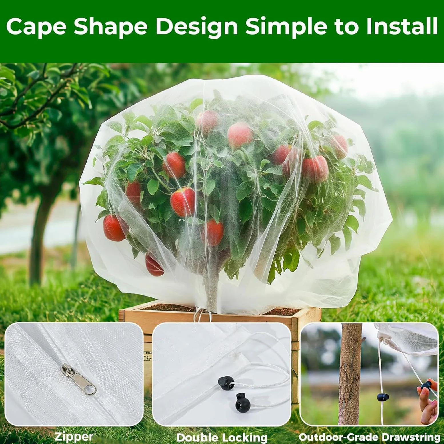 Red antipájaros y ct para plantas con cremallera y cordón, malla 60 (1 mm), protección transpirable contra insectos asiáticos, pájaros y pulgones - Saco de cubierta para árboles frutales