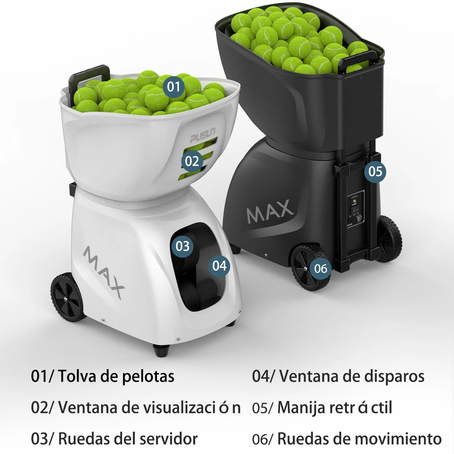 PUSUN PT-MAX Máquina Lanzapelotas de Tenis Avanzada 28 Puntos 26 Modos 140km/h 5-7 Horas Batería