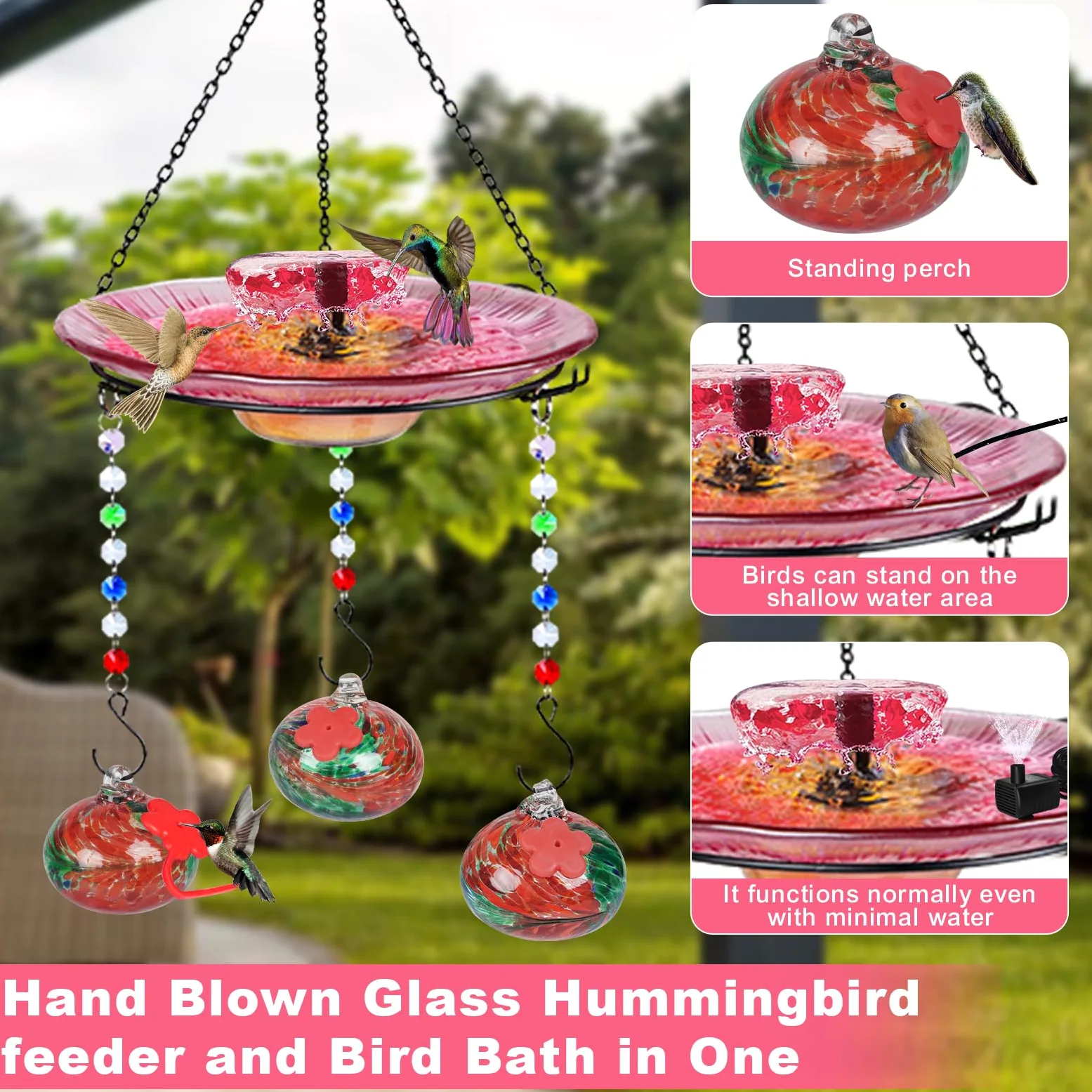 Headak Life Comedero de colibrí de vidrio soplado a mano para exteriores y baño de pájaros, 2 en 1 para pájaros pequeños, comedero colgante para colibríes, baño para pájaros para exteriores con bomba
