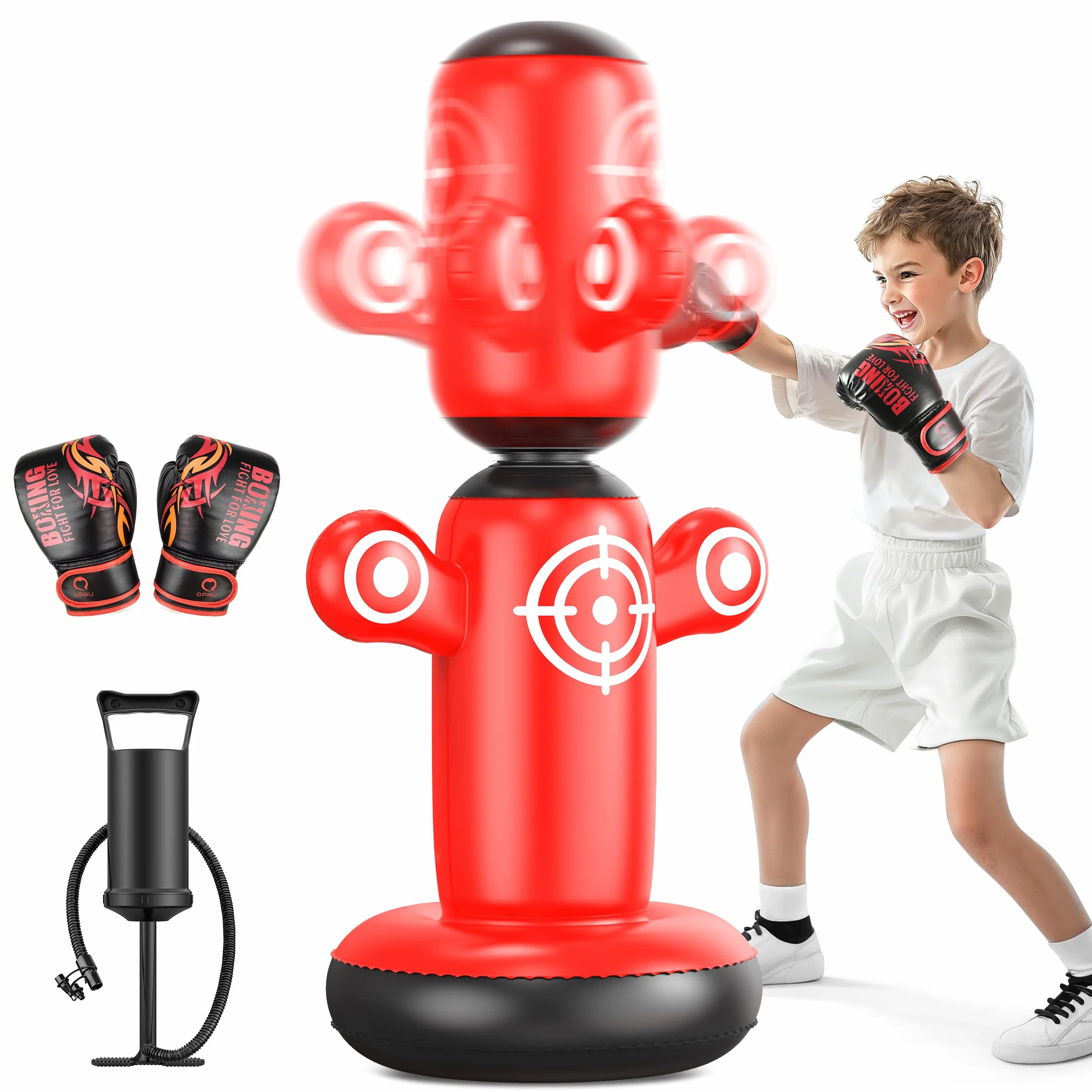 QPAU 64" Inflatable Punching Bag for Kids with Gloves, Pump & 6 Targets, 360° Rotatable Bop Bag