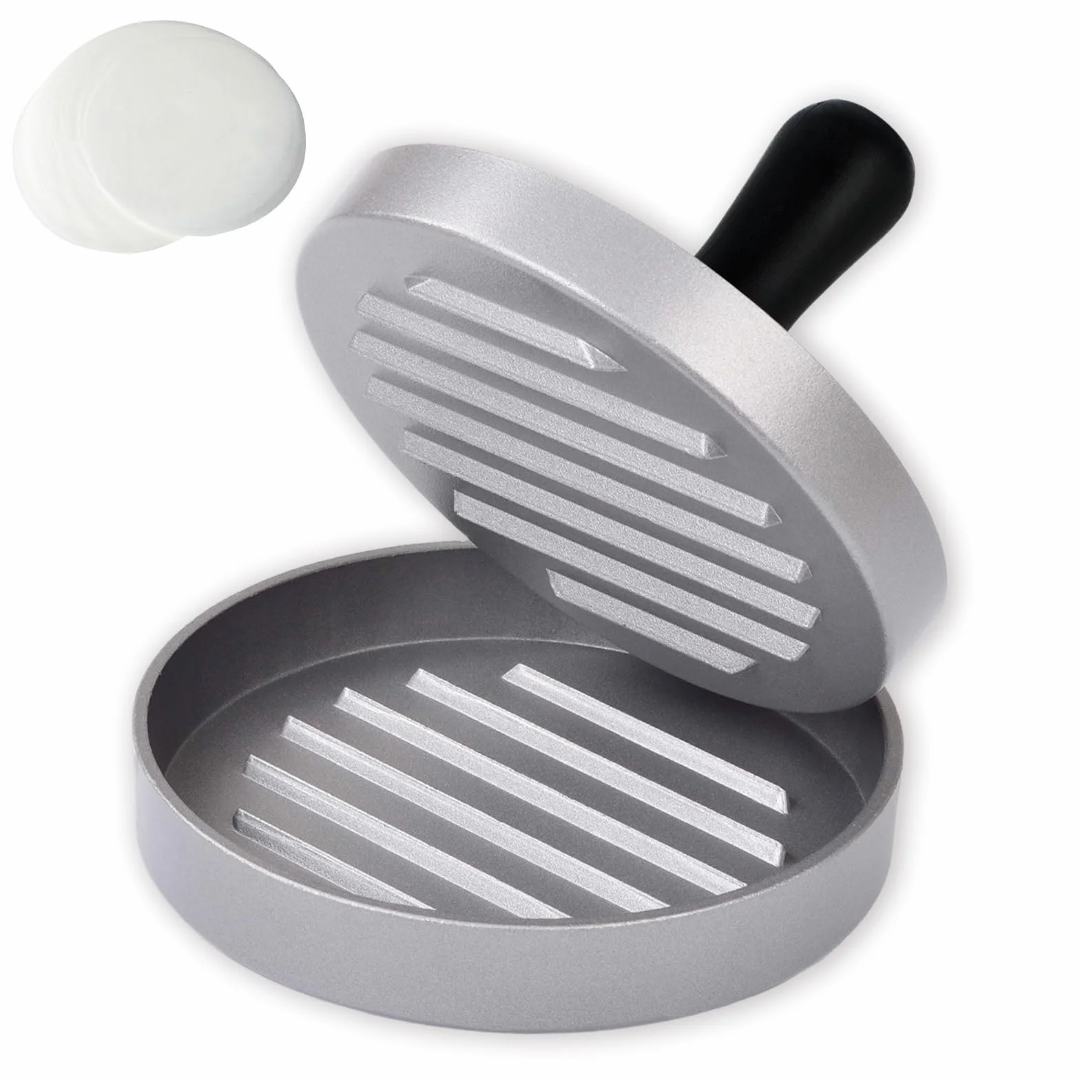 Hamburguesera con 100 hojas de papel para hornear, juego de prensa de hamburguesas de aluminio fundido para deliciosas hamburguesas, hamburguesas, barbacoas, prensa de hamburguesas con recubrimiento a
