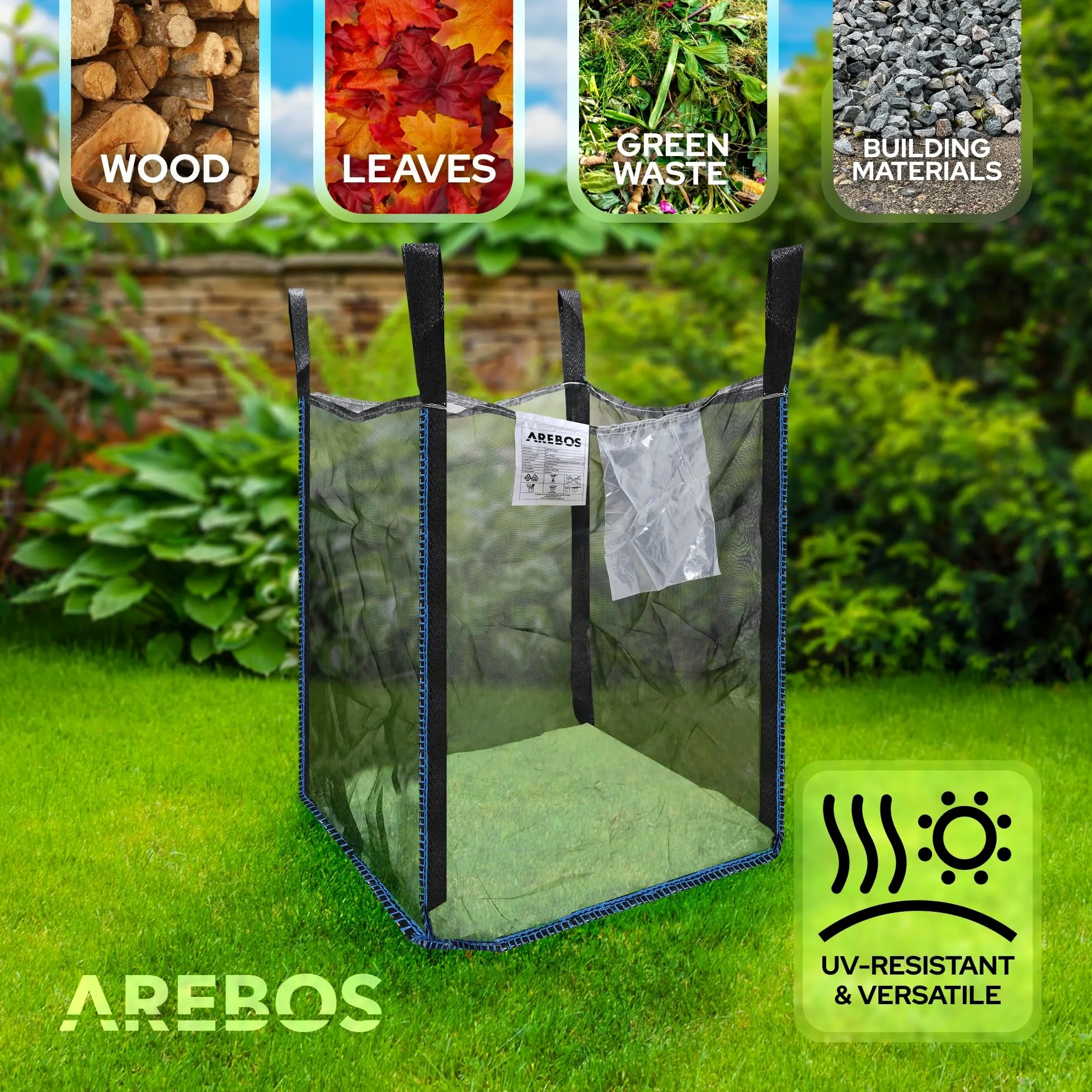 Arebos Bolsa grande | 100 x 100 x 160 cm, con 4 trabillas y delantal | capacidad de carga de 1500 kg | SF 5:1, EN ISO 21898 | saco para escombros de construcción, madera, residuos de