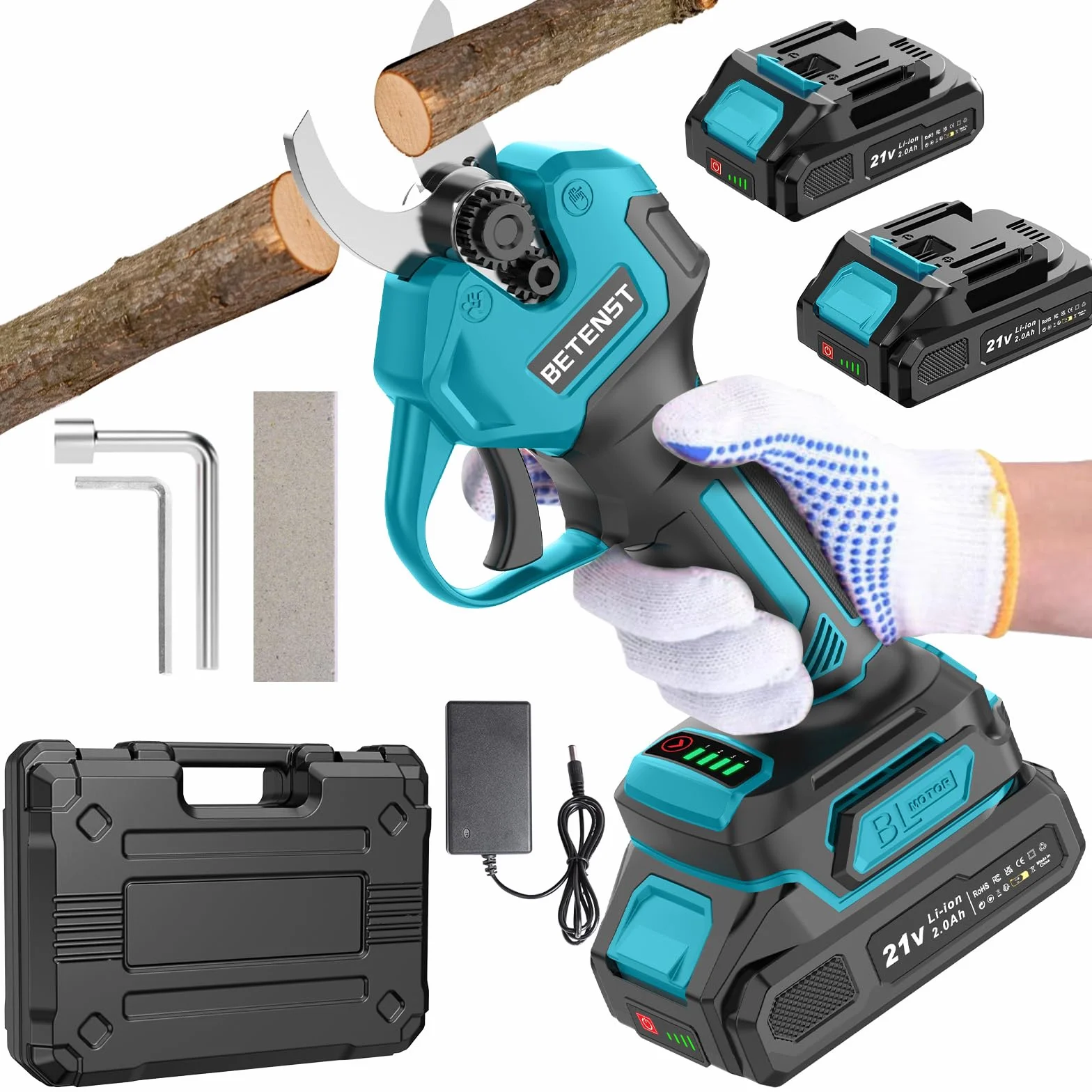BETENST Tijeras de Podar Eléctricas Sin Escobillas 21V 2 Batería 2.0Ah Hoja SK5 Pantalla LCD