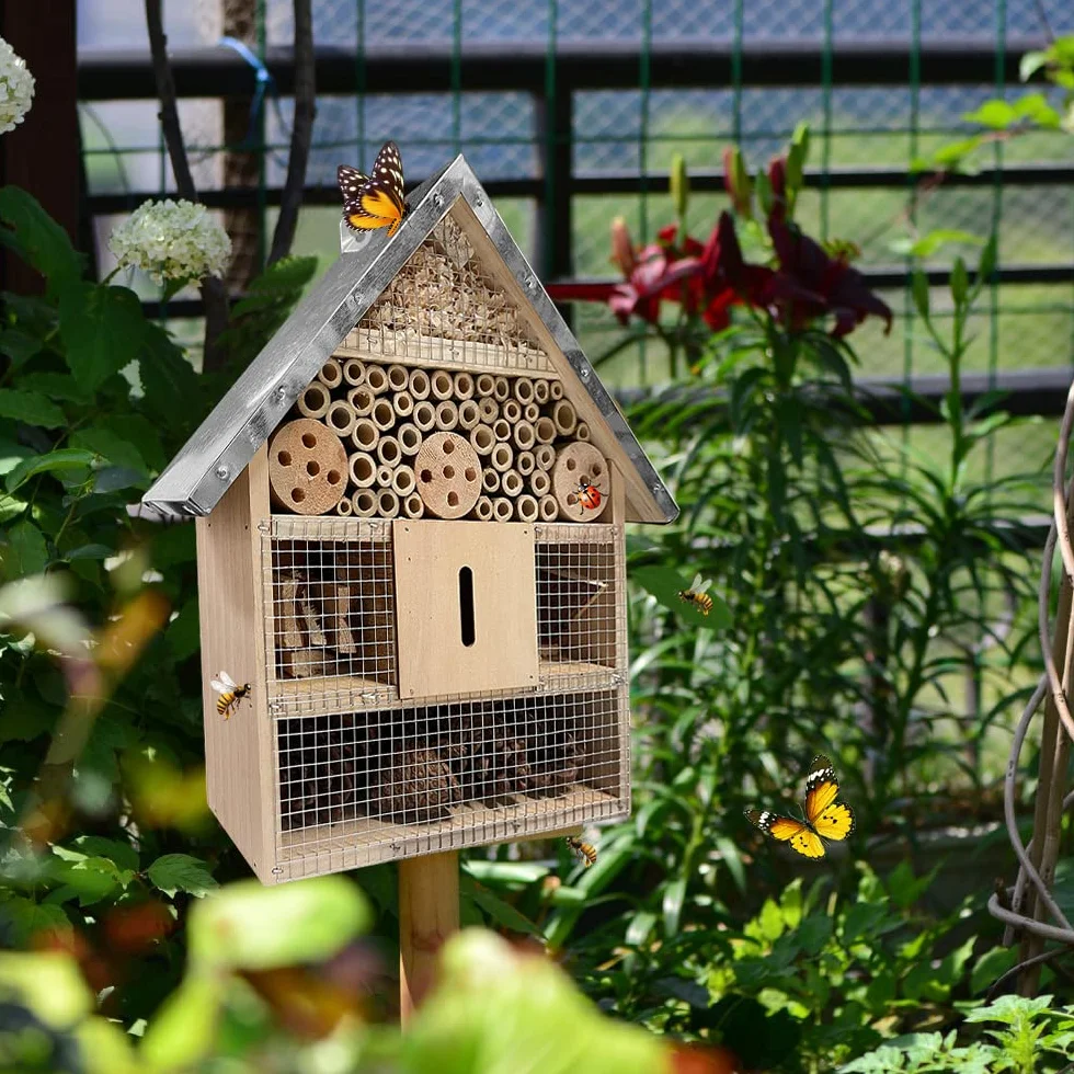 Hotel De Insectos para Exterior Colgar, Casa De Insectos De Madera para La Decoración del Jardín Arbol, Casita Insectos con Techo Metalico Y Gancho, para Abeja Mariposa Mariquitas Vivas Insectos