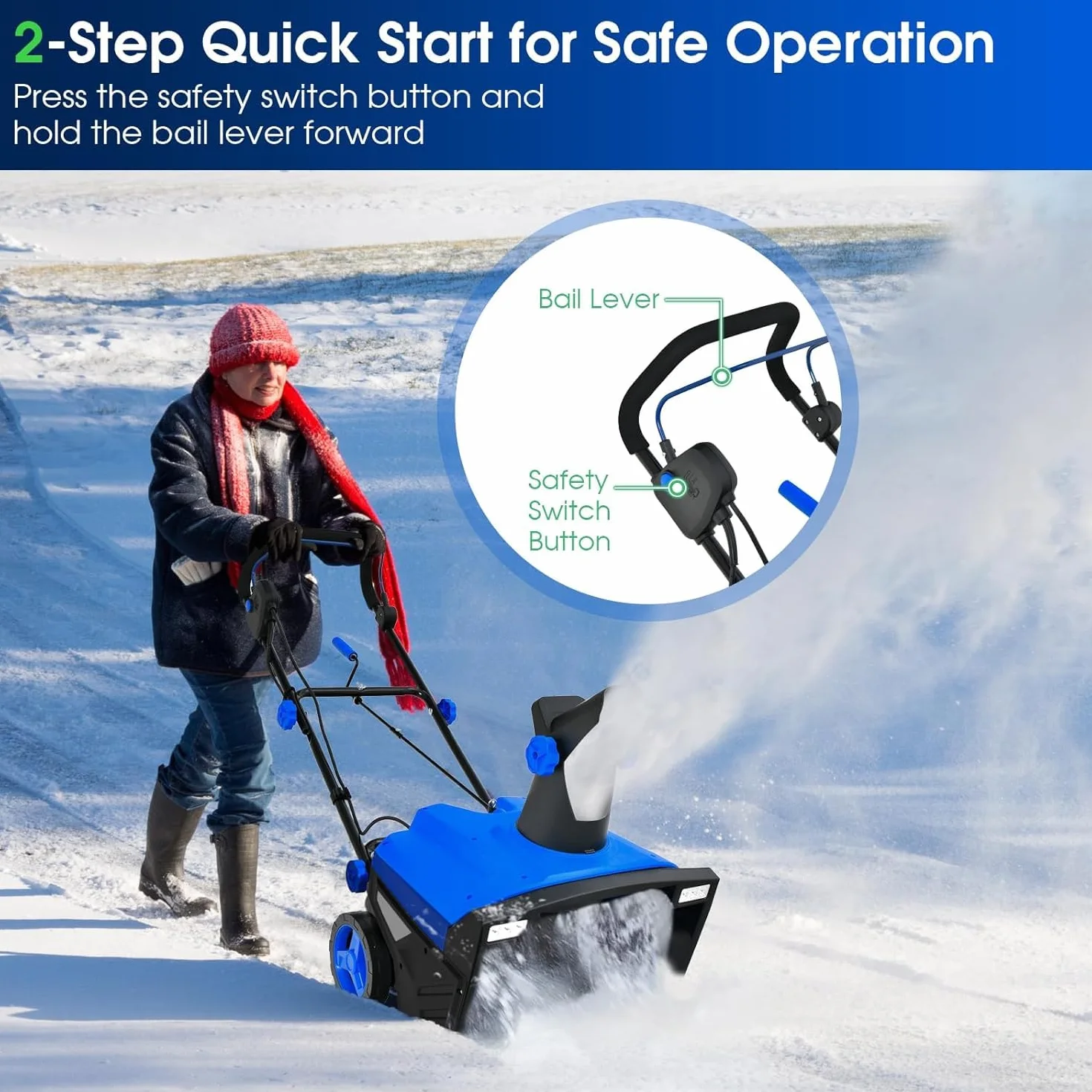 GOPLUS Quitanieves Eléctrico 2300W, Lanzador de Nieve 3000RPM con Faros LED, Ancho Trabajo 50CM y Profundidad 25CM, Giratorio 180°, Distancia de Lanzamiento 9M, Lanzanieves con Ruedas y Cable (Azul)