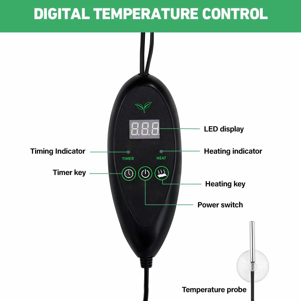 Estera Calefactora para Plantas, Alfombrilla de Calor con Termostato, 20x10 Pulgadas, Negro
