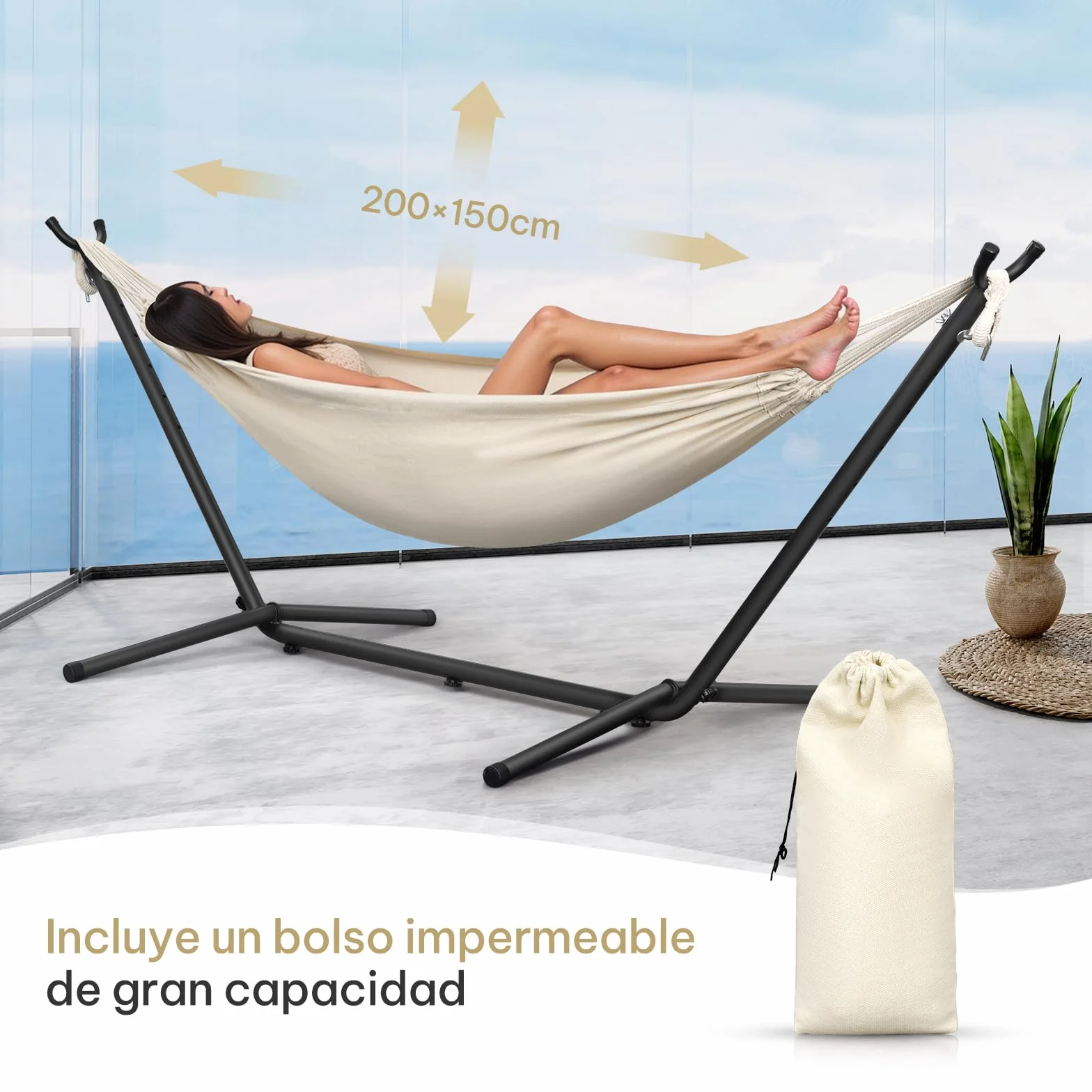 Laneetal Hamaca Jardín Tumbonas, Hamaca para 2 Personas con Soporte Metálico, Capacidad 250 kg, con Bolsa de Transporte, para Terraza, Jardín y Piscina, 280x106x100 cm (Beige, 280x106x100 cm)