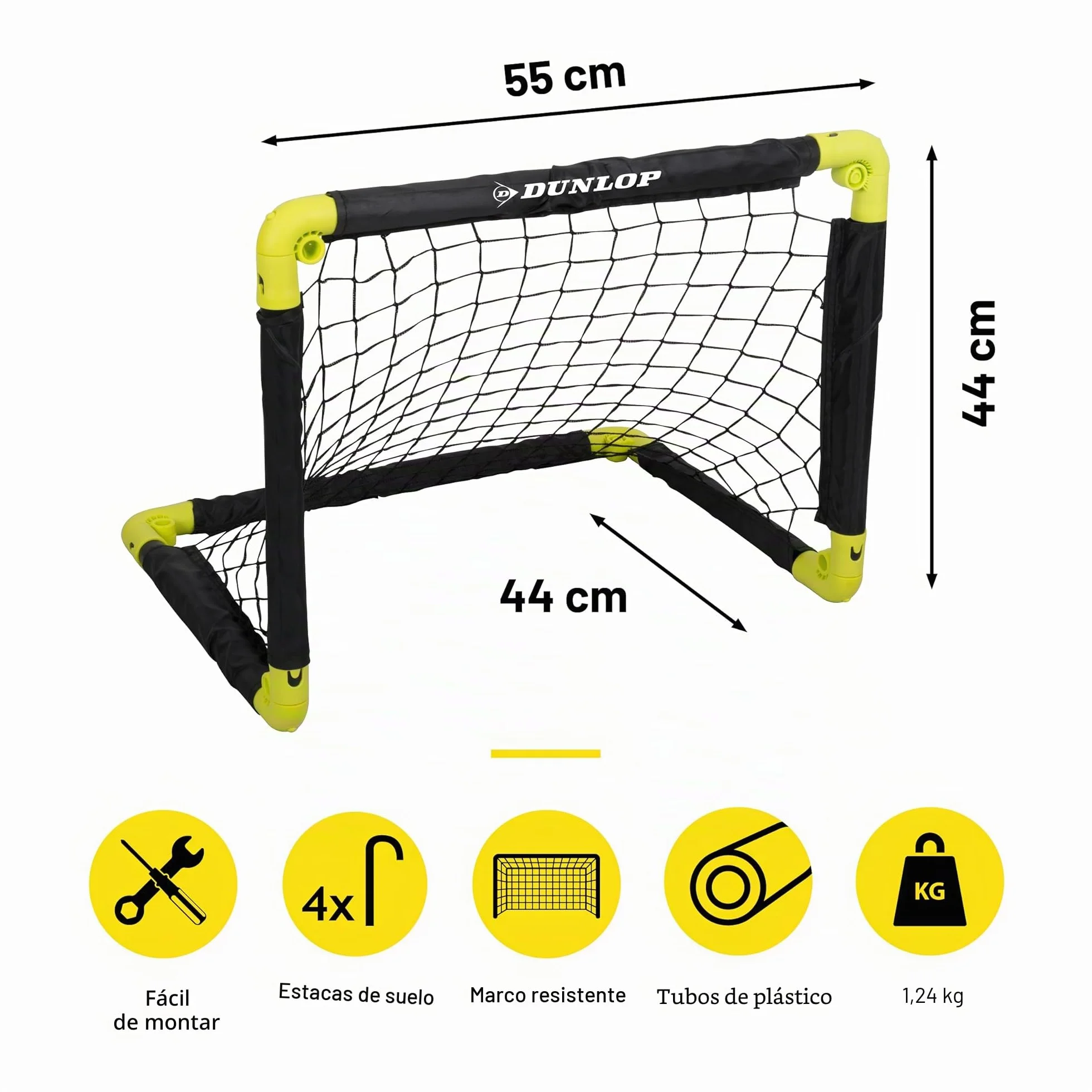 Dunlop Portería de fútbol plegable 50x44x44 cm Juego de 2 Kit de entrenamiento interior exterior Negro/Amarillo