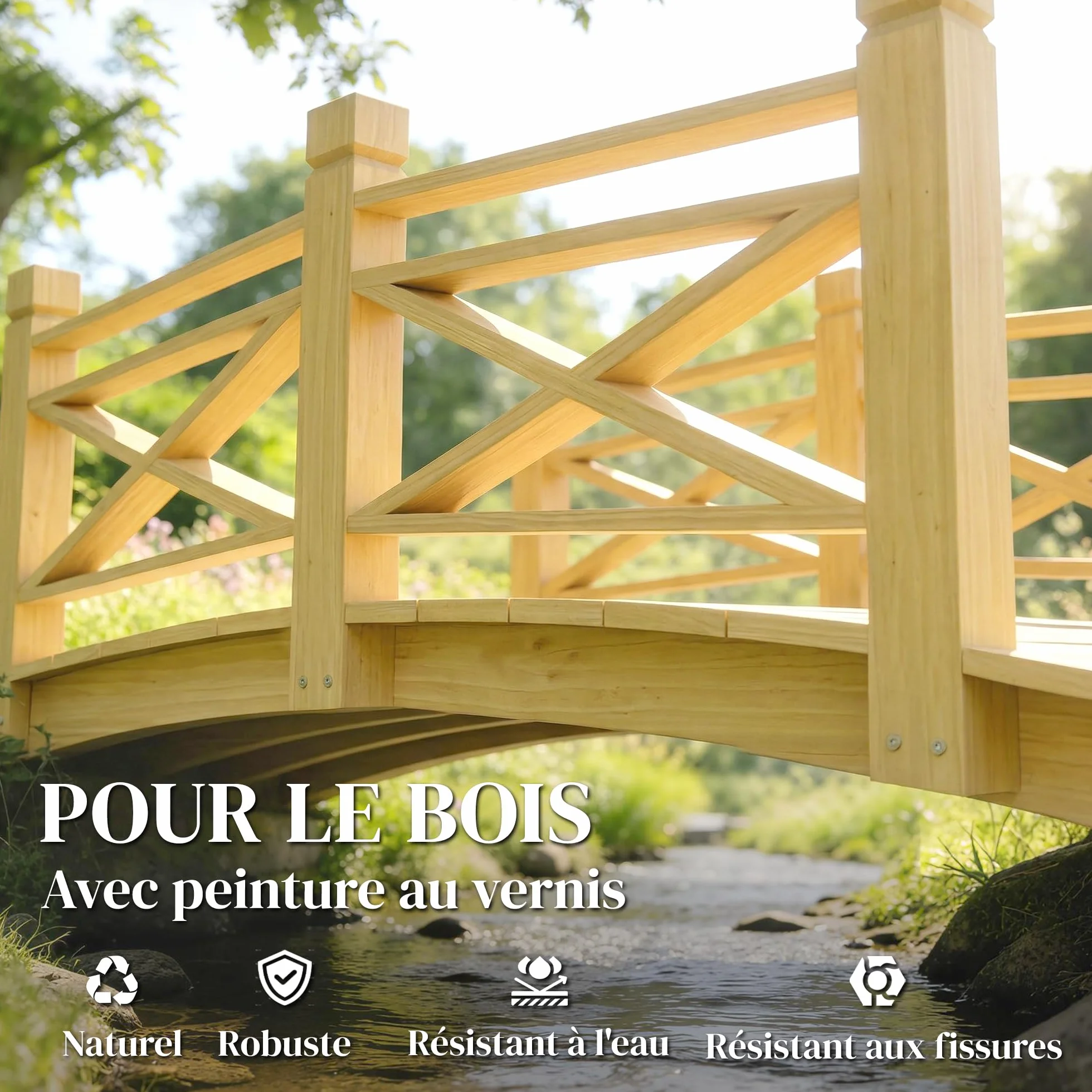 Outsunny Puente de jardín de madera carbonizada arqueada 1,74 m – Pasarela con mano corredora segura y carga 200 kg – Decoración exterior tratada y resistente, natural