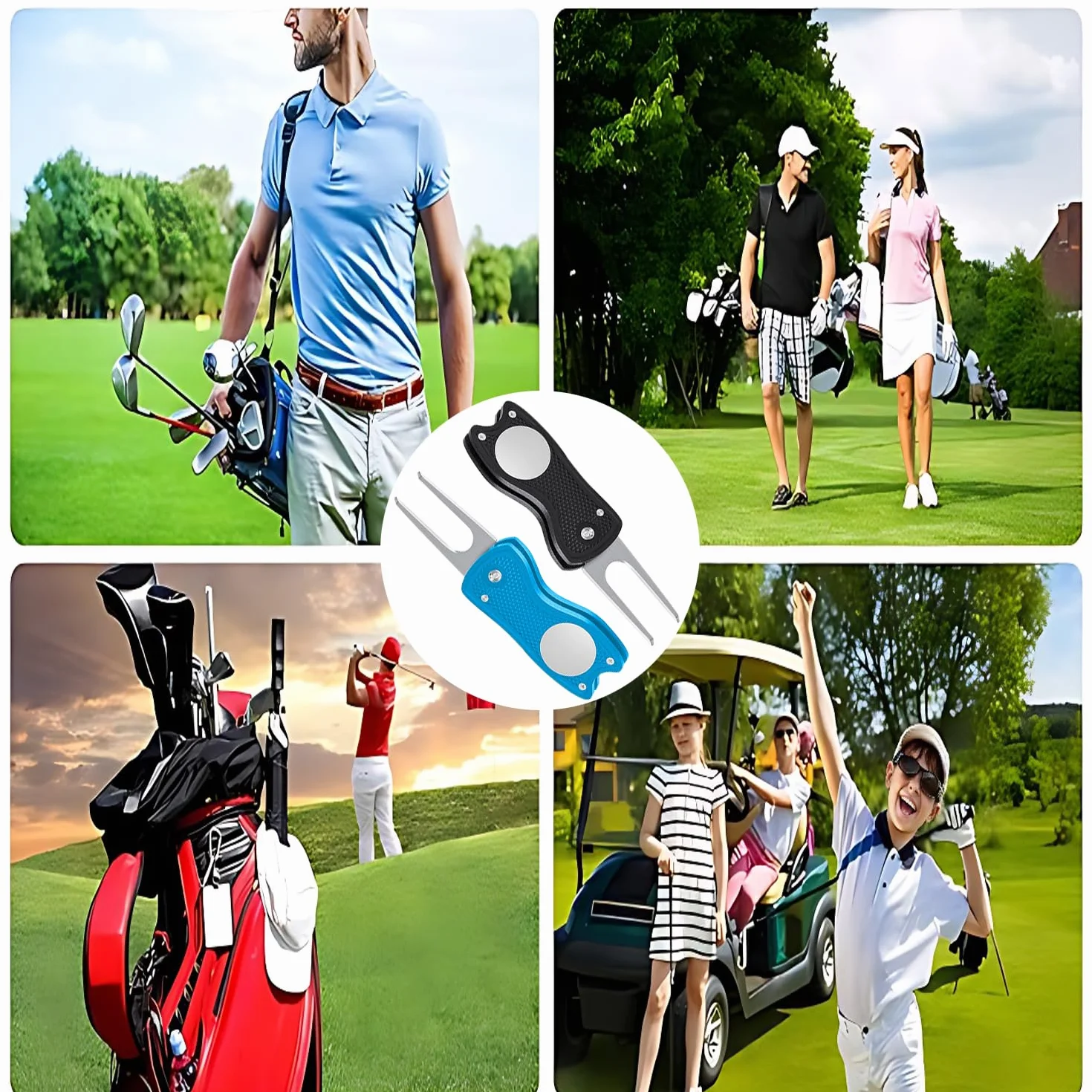 Divot Golf Herramienta Reparación 2 Piezas Plegable Metal Mini Forquilla Verde Metálica Marca Bolas Magnética