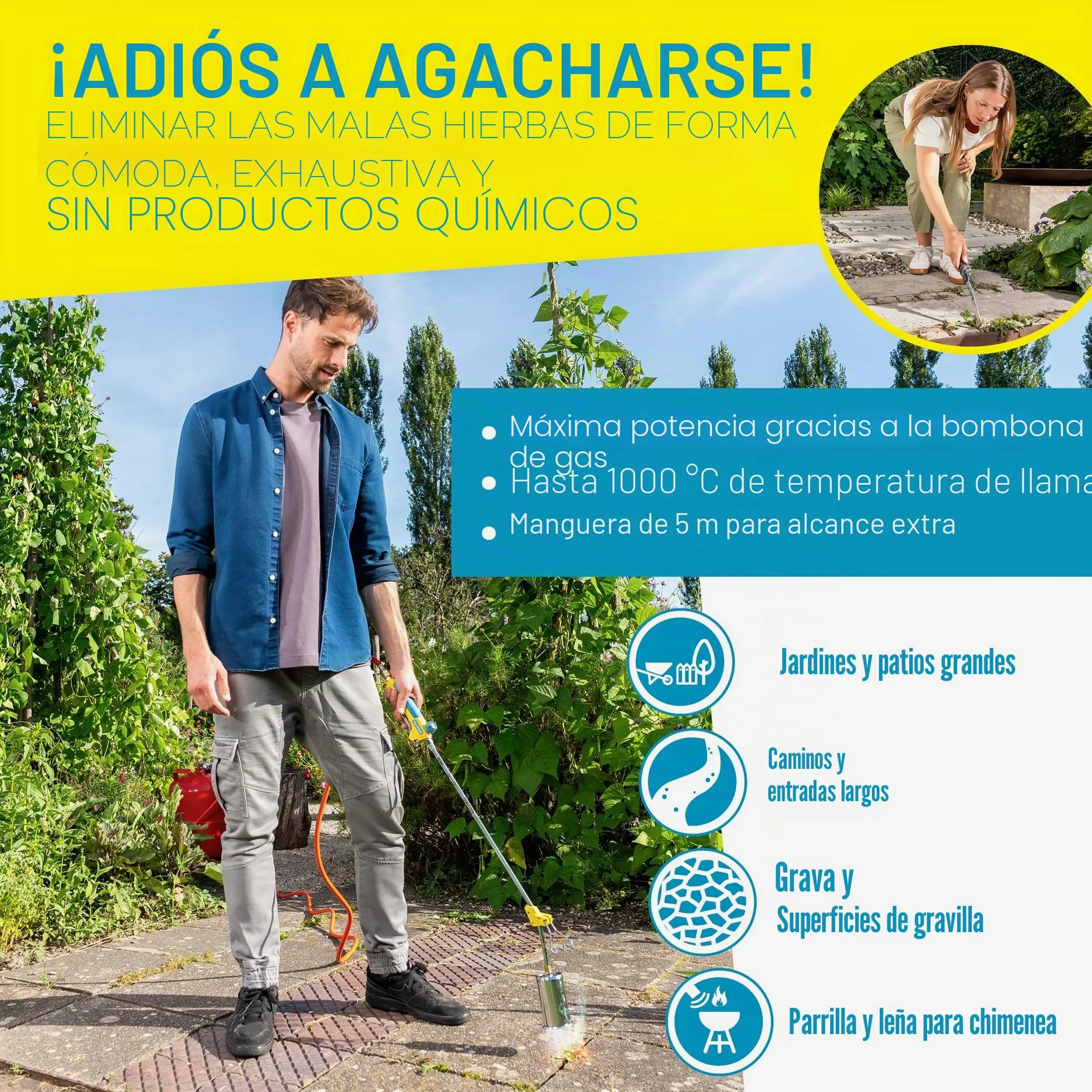 Gloria Bio Professional Plus - Juego de Quemador de Malas Hierbas a Gas, Potente y Duradero, para Grandes Superficies, conexión a Cartucho de Gas a presión, para la maleza del jardín y de los Caminos