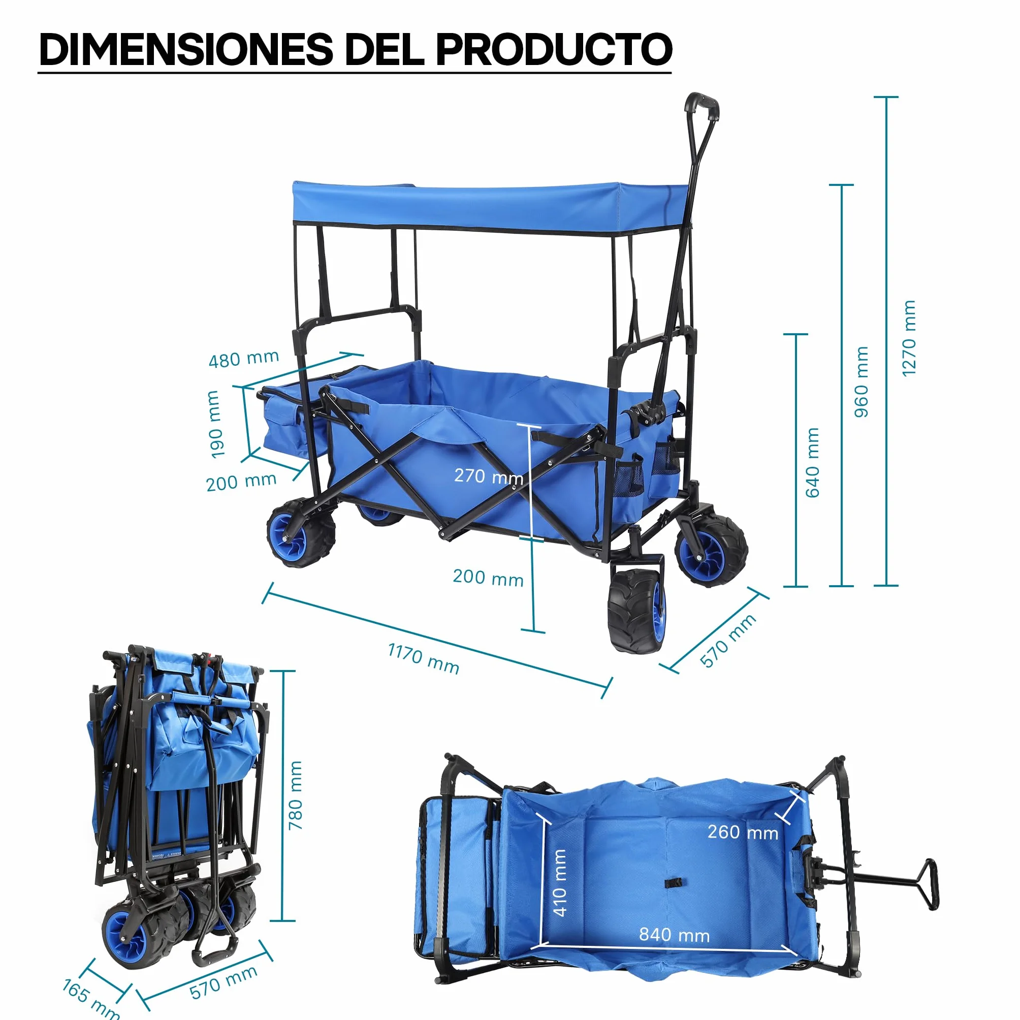 Carrito Plegable de Mano con Capota Amplia Superficie de Carga Carro Transporte Carrito de jardín