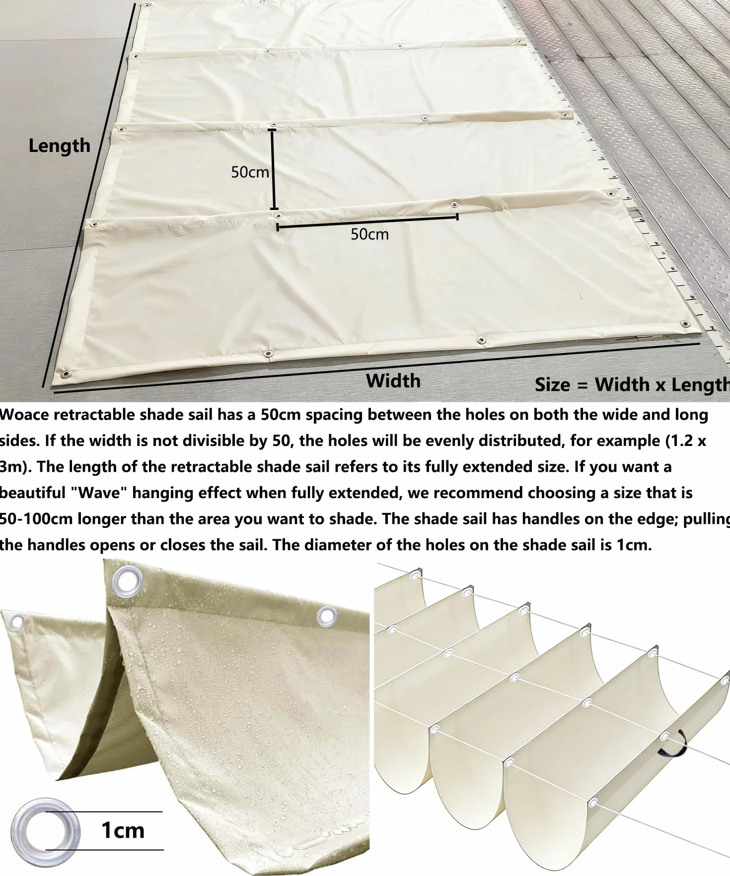 Toldo Vela de Sombra Retráctil Impermeable Ondulada Toldos Exterior Protección Rayos UV Resistente al Desgarro para Terraza Balcon Exteriores Jardín con Ojales y Cuerdas 1.5x3M Crema