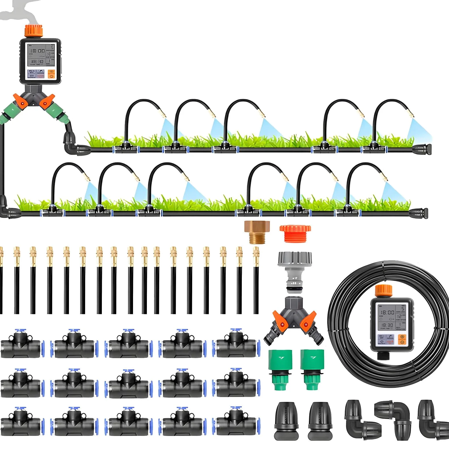 Kit Nebulizador Terraza Automático con Temporizador, Difusor Agua Terraza, Aspersores Terraza Nebulizador, Sistem De Riego por Goteo De Jardín para Plantas para Jardines,30m/98.4ft-WithTimer